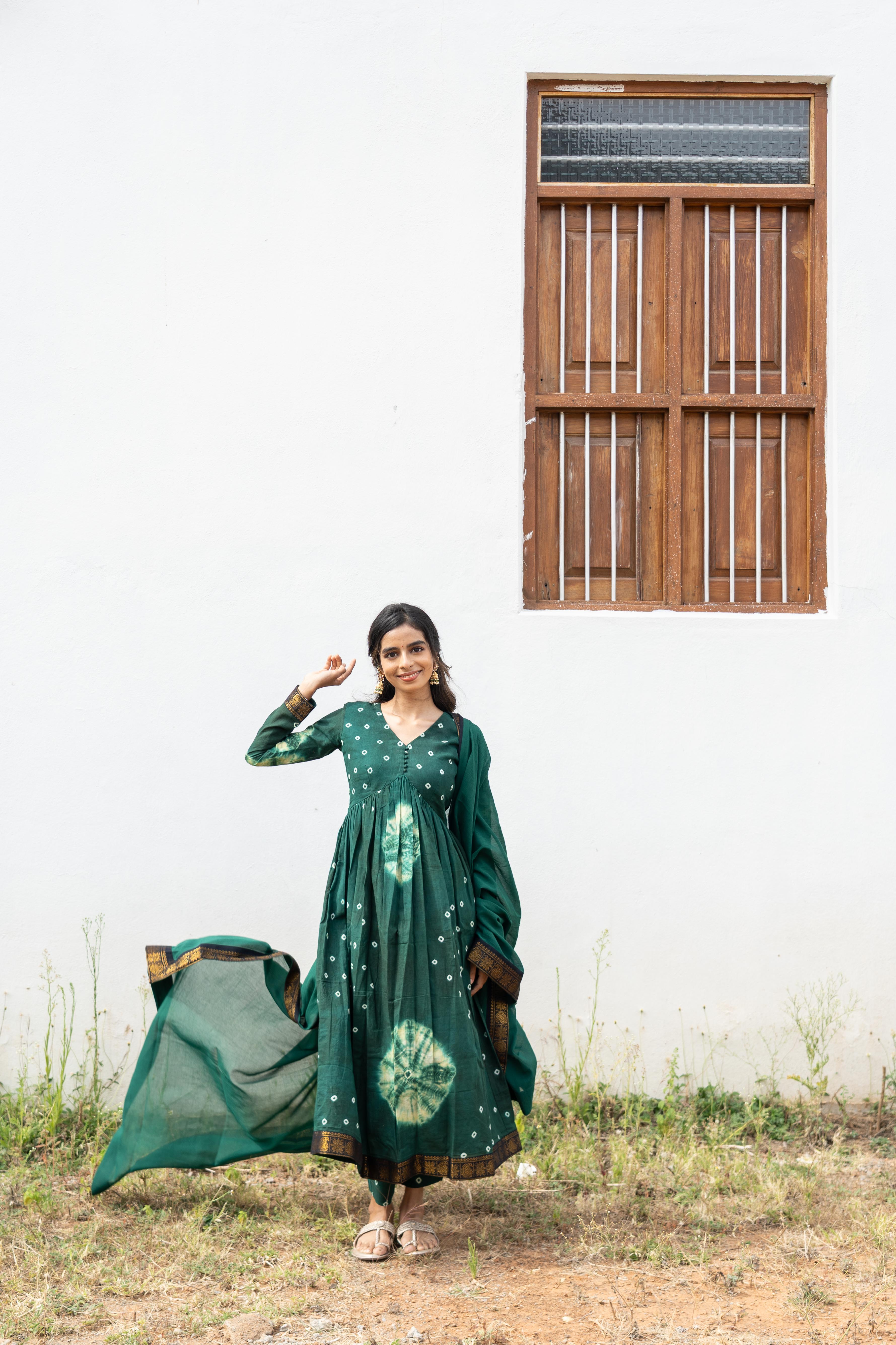 Emerald Green Sungudi Anarkali Set