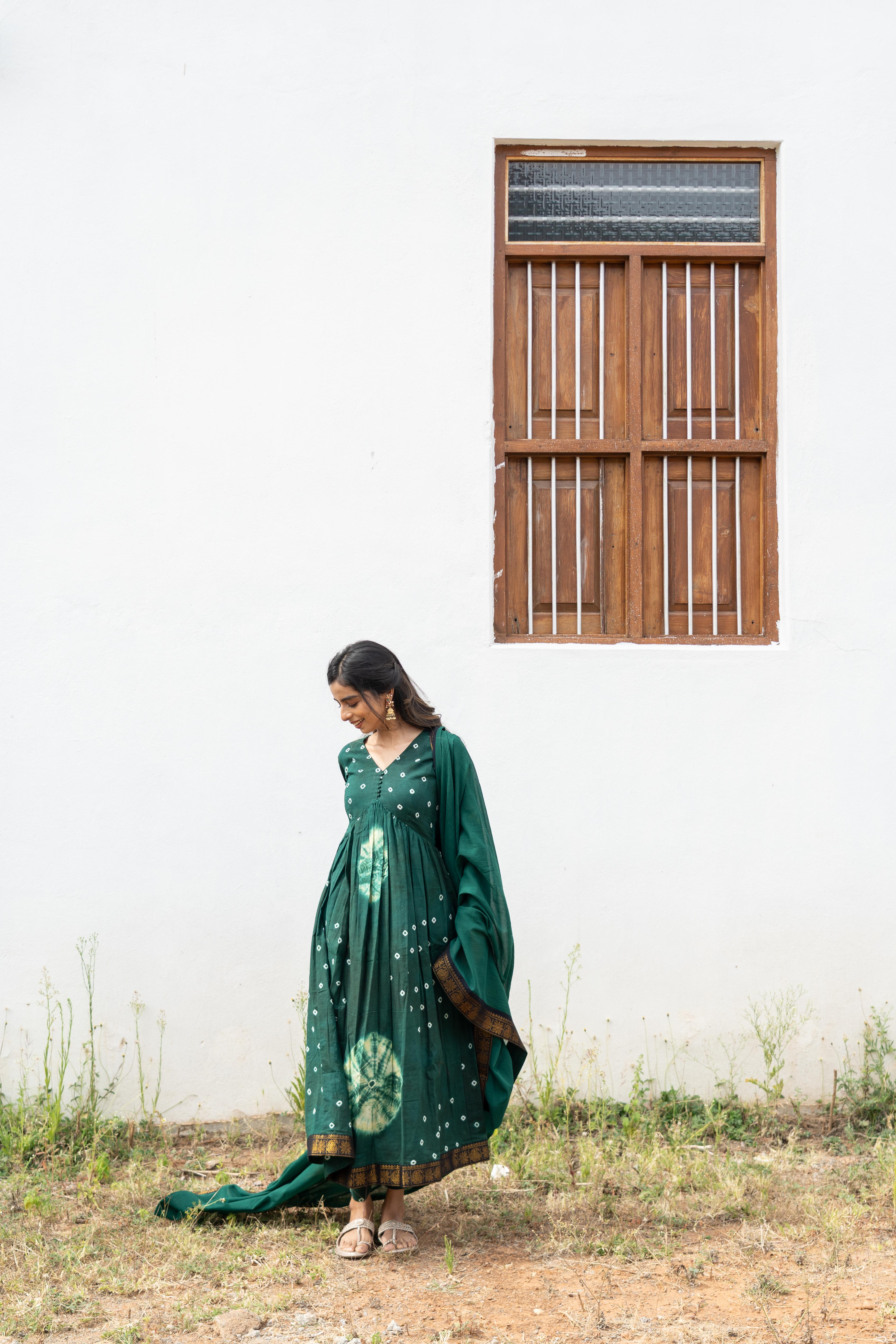 Emerald Green Sungudi Anarkali Set