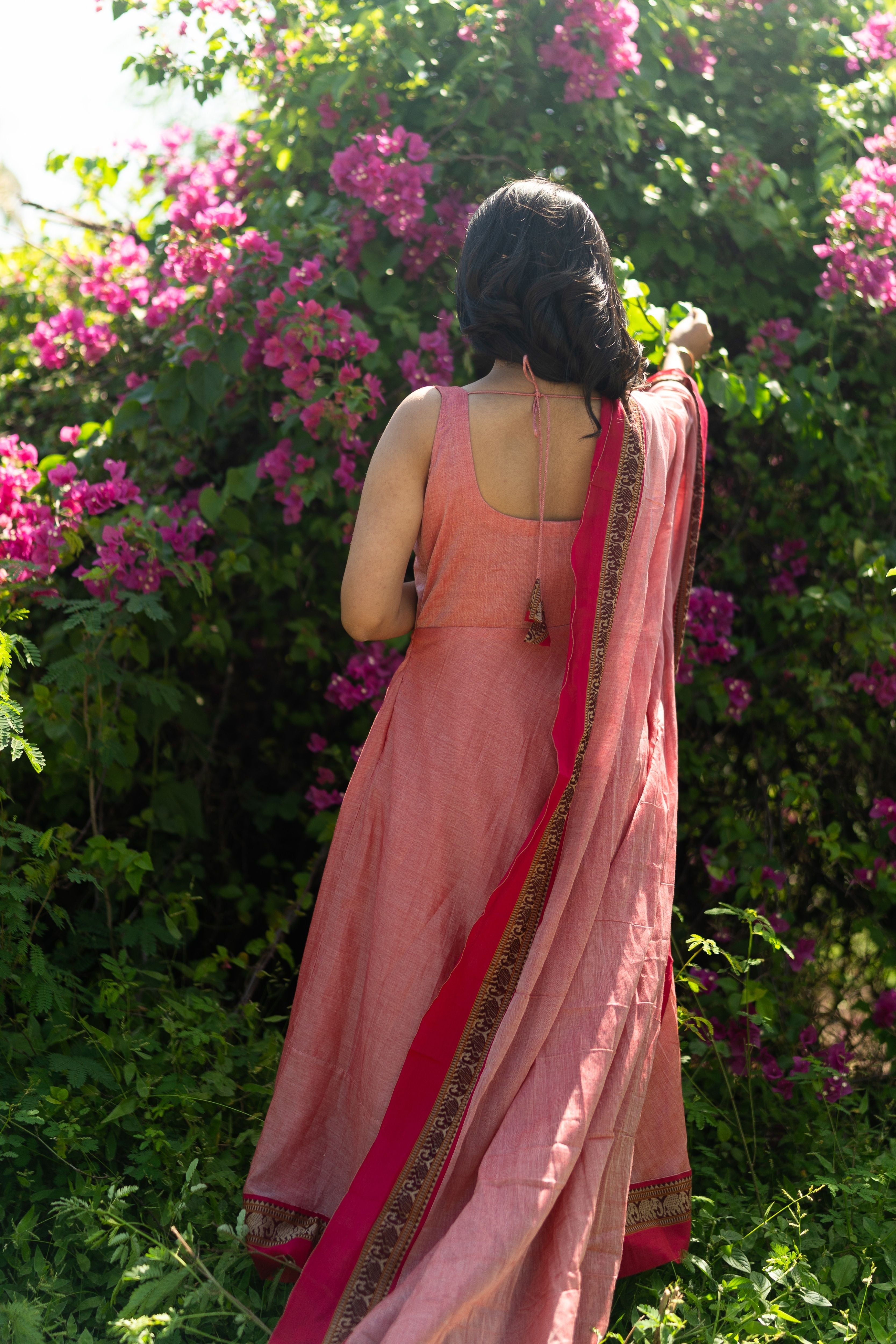 Peach Pink Malar narayanpet Anarkali Top & Dupatta