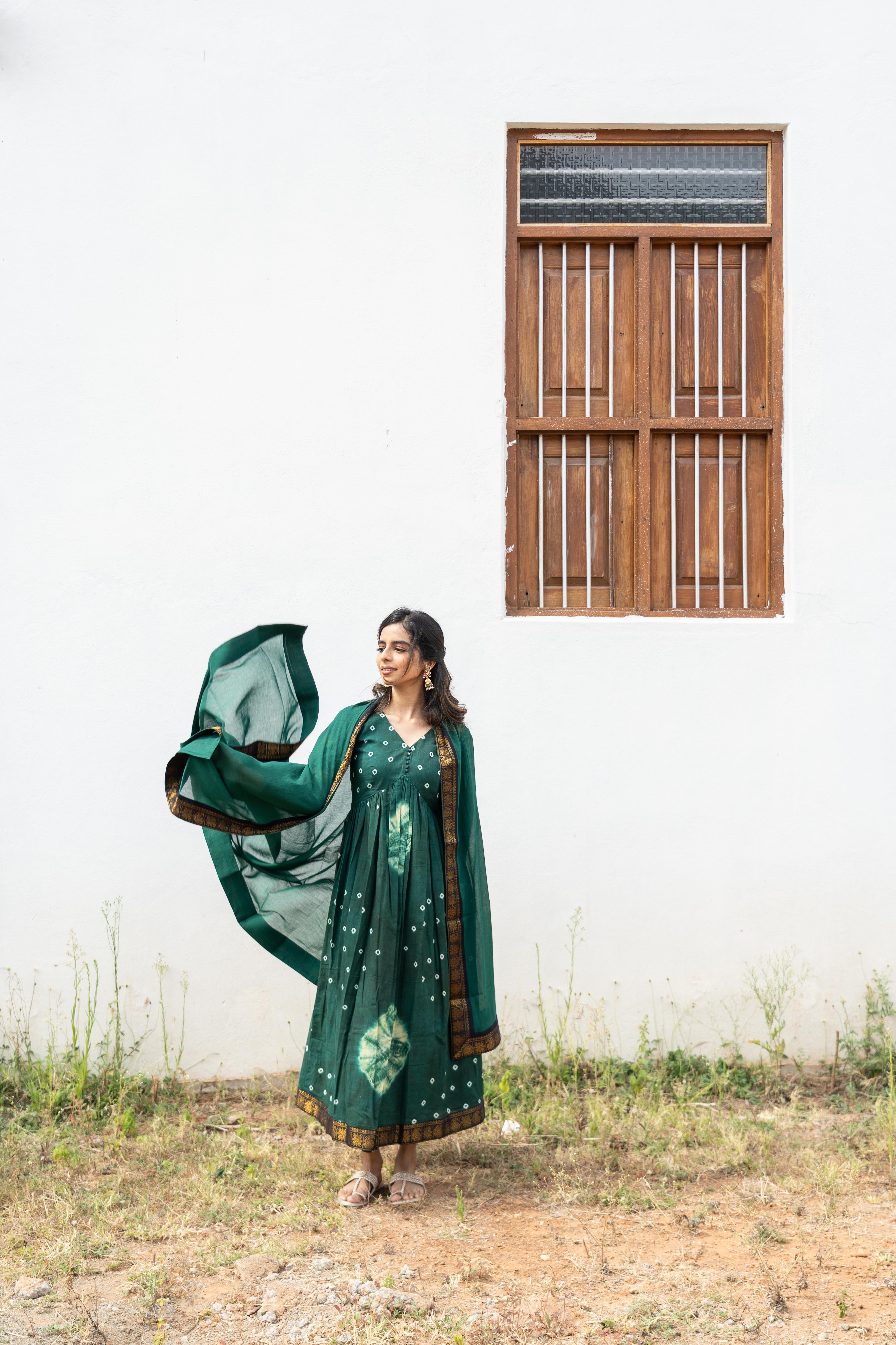 Emerald Green Sungudi Anarkali Set