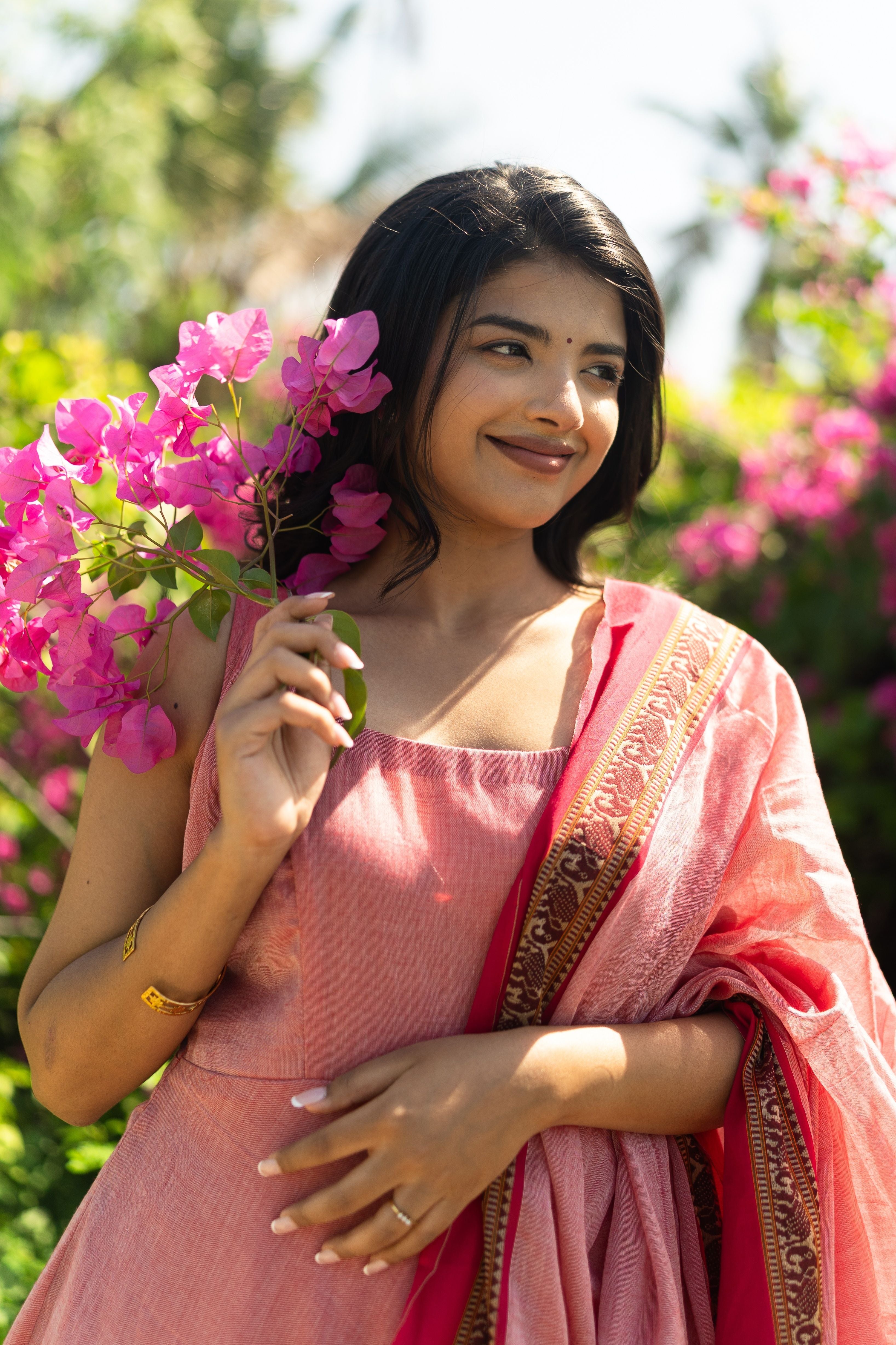 Peach Pink Malar narayanpet Anarkali Top & Dupatta
