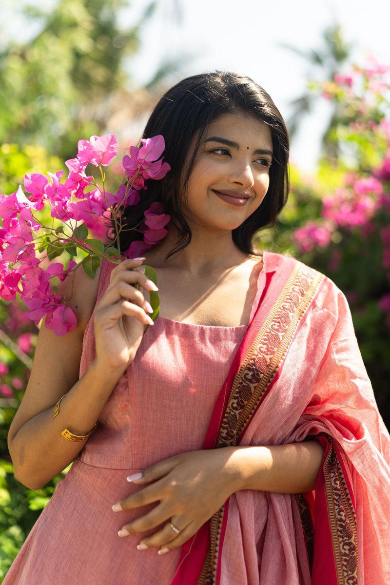 Peach Pink Malar narayanpet Anarkali Top & Dupatta
