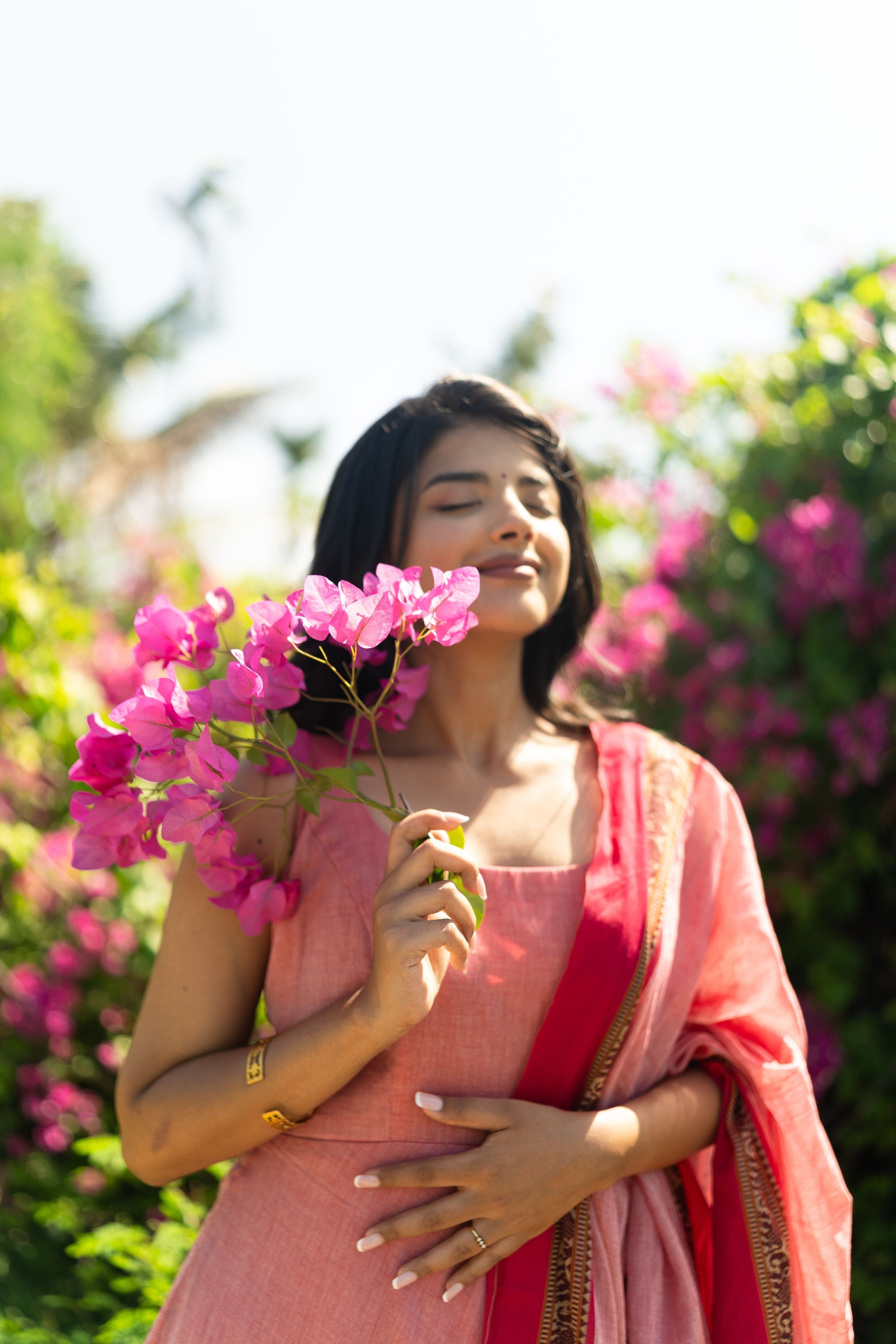 Peach Pink Malar narayanpet Anarkali Top & Dupatta