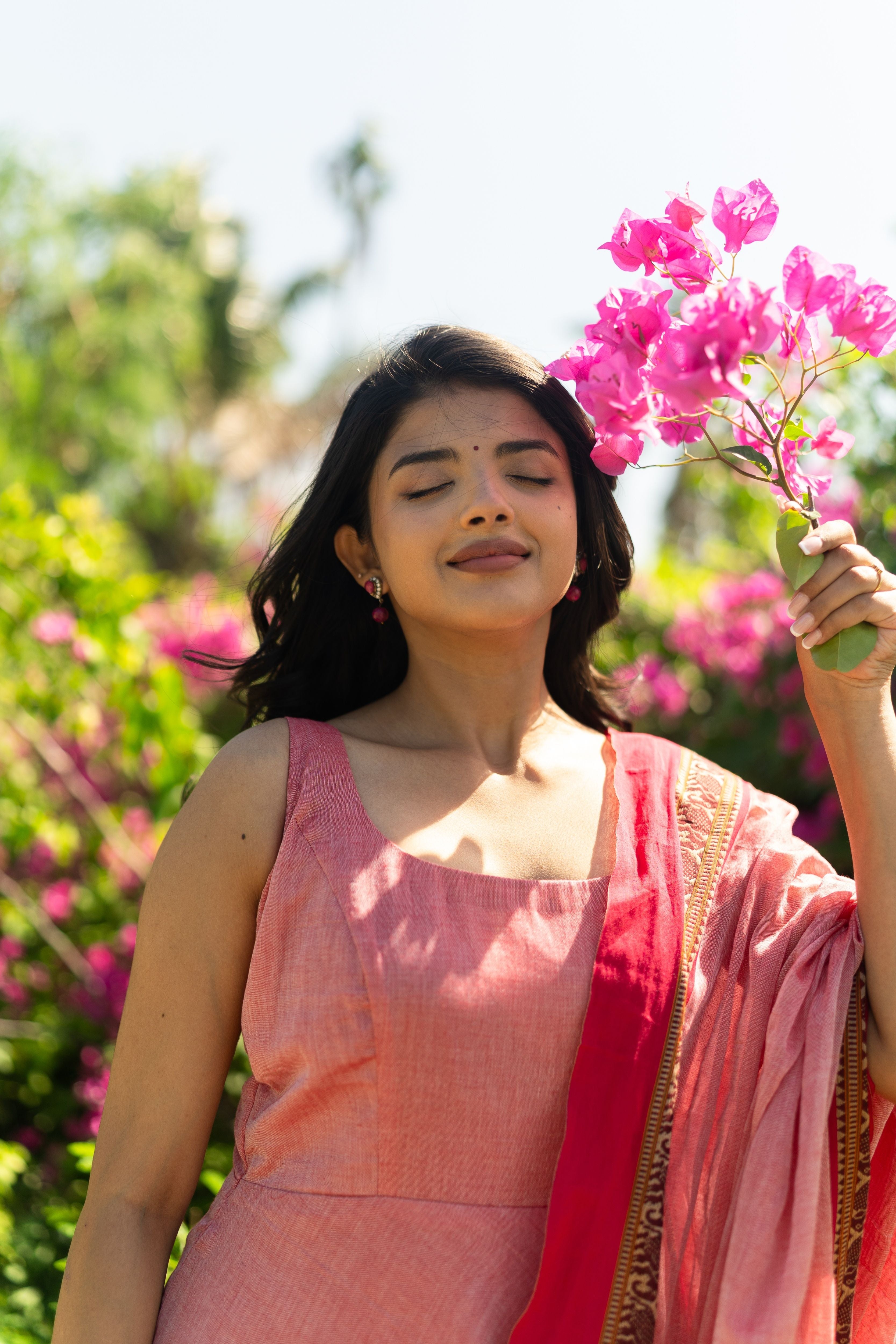 Peach Pink Malar narayanpet Anarkali Top & Dupatta