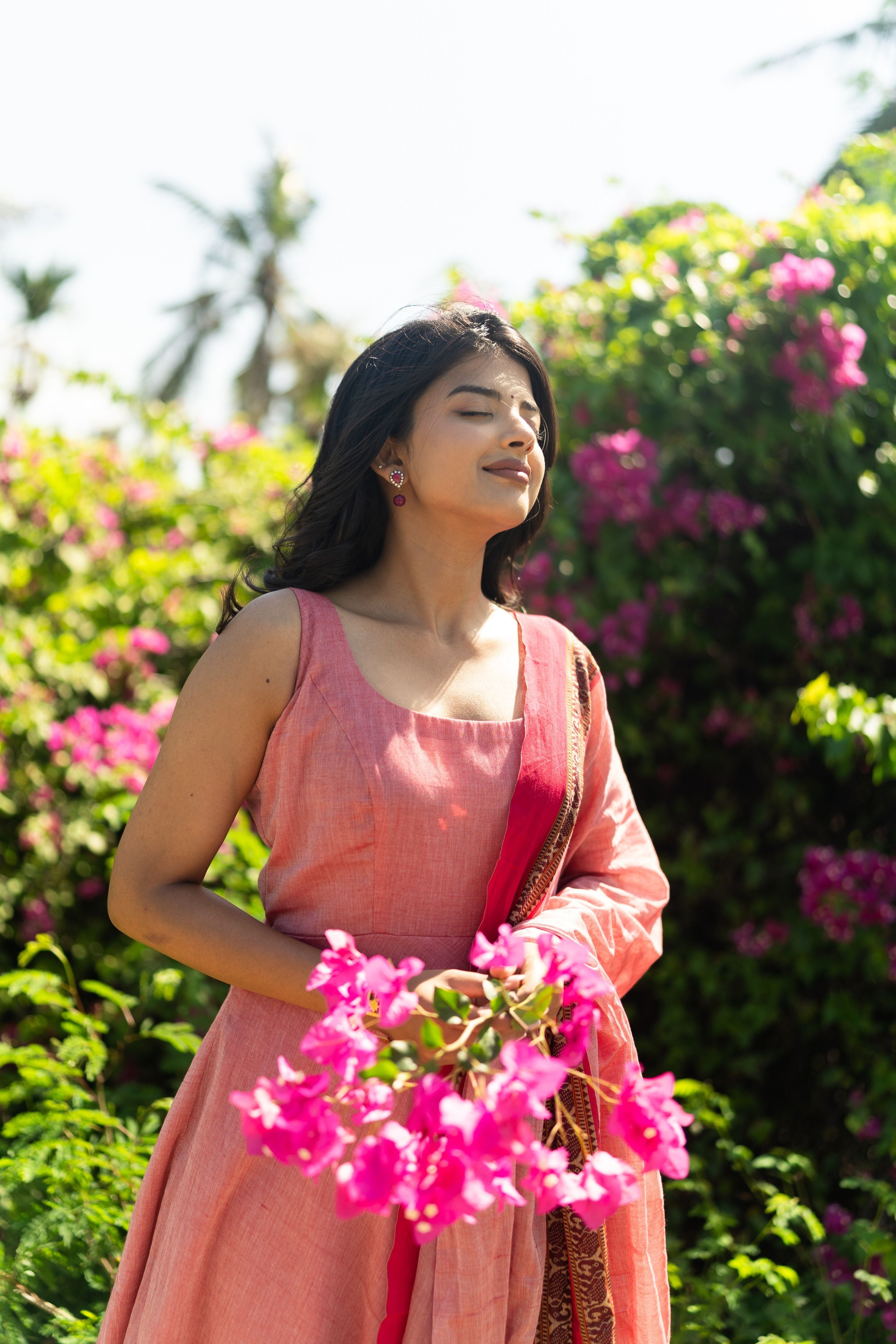 Peach Pink Malar narayanpet Anarkali Top & Dupatta