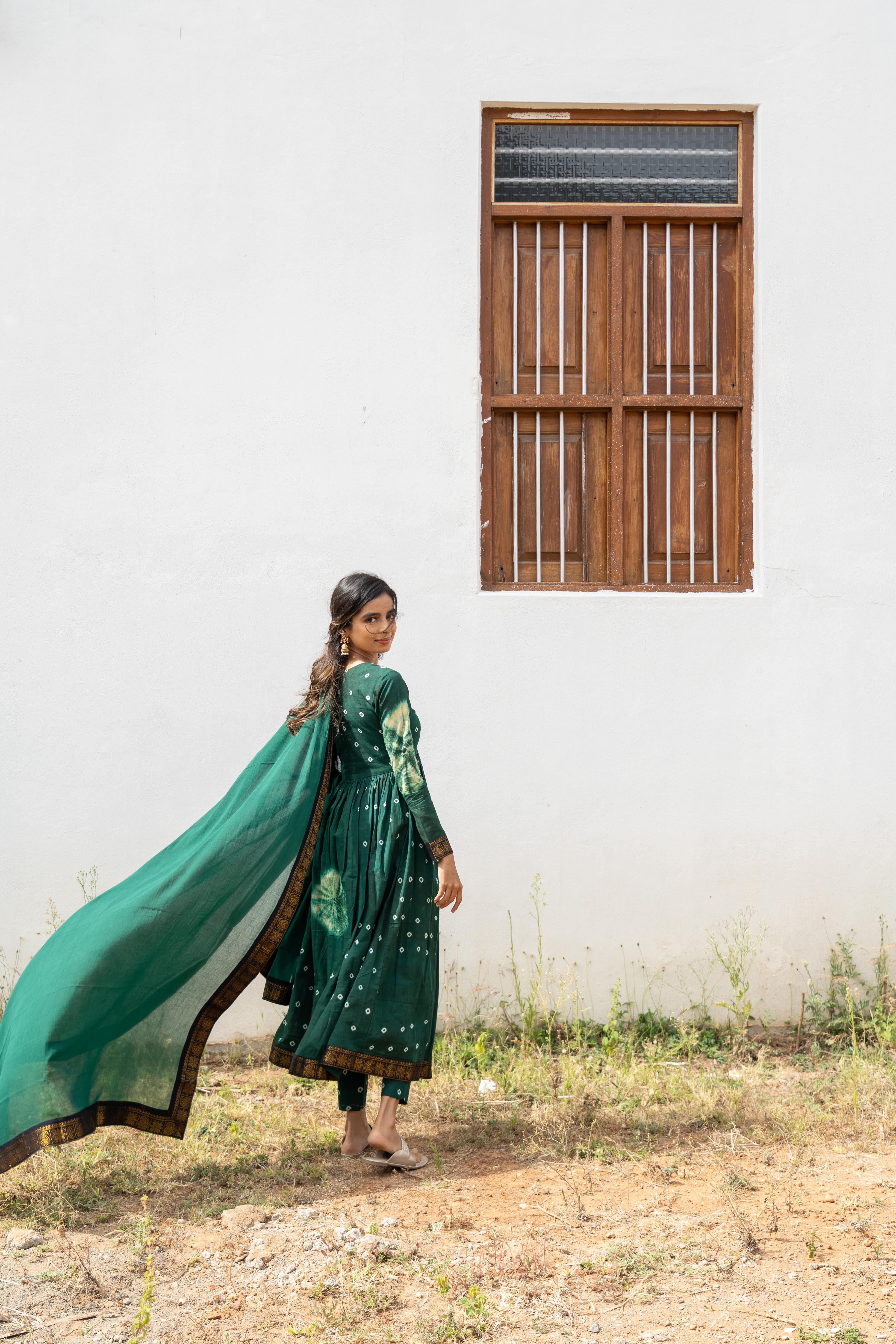 Emerald Green Sungudi Anarkali Set