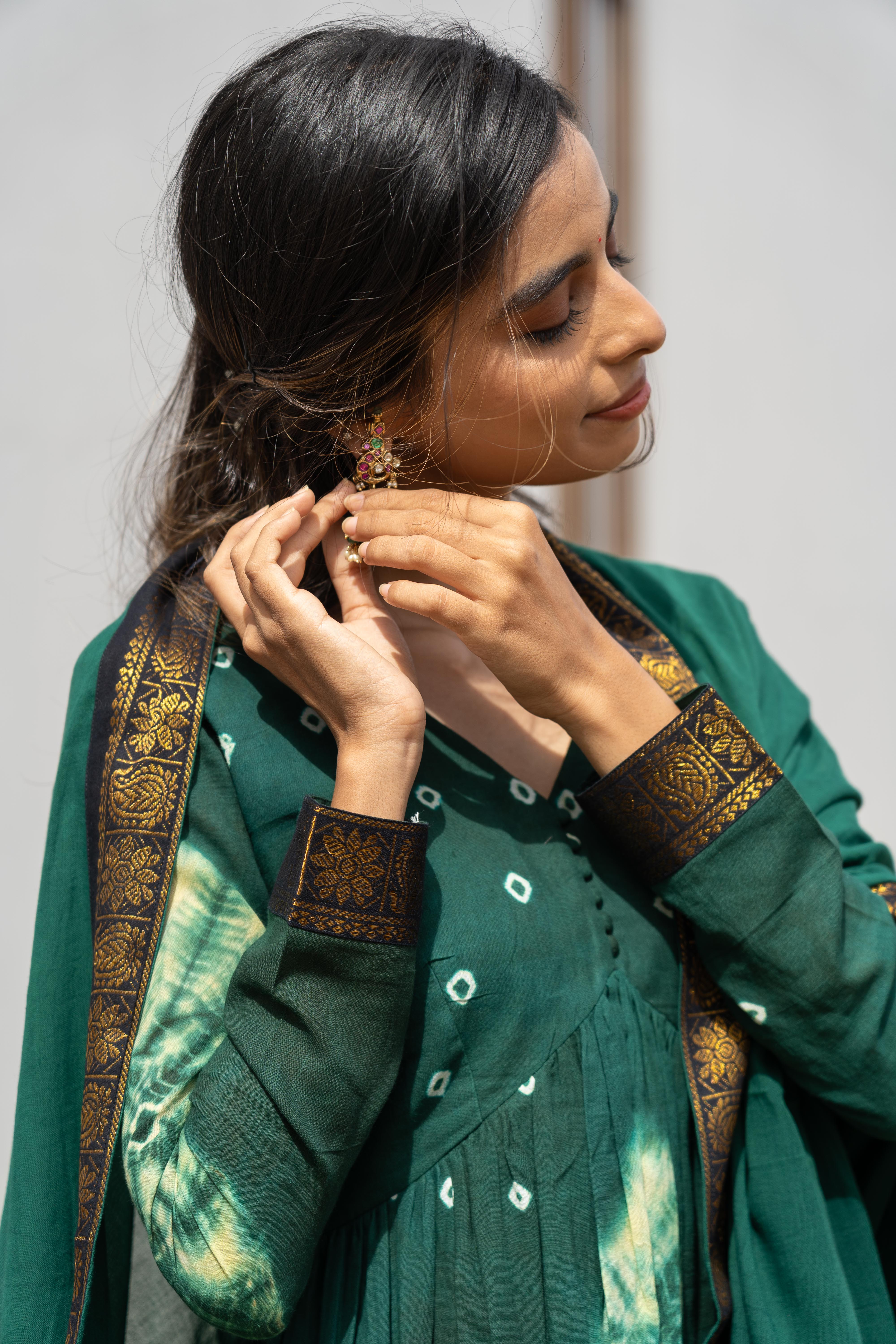 Emerald Green Sungudi Anarkali Set