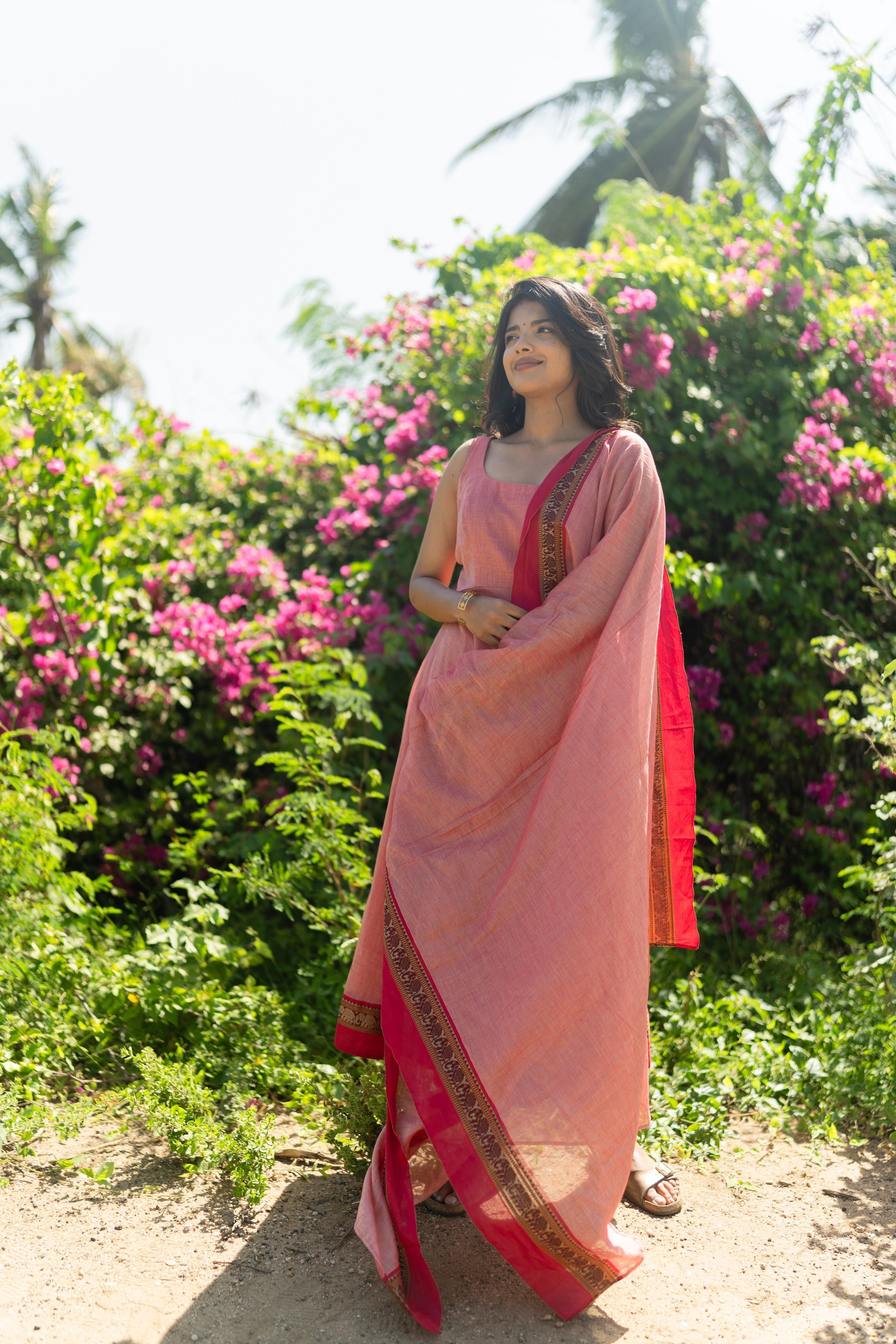 Peach Pink Malar narayanpet Anarkali Top & Dupatta