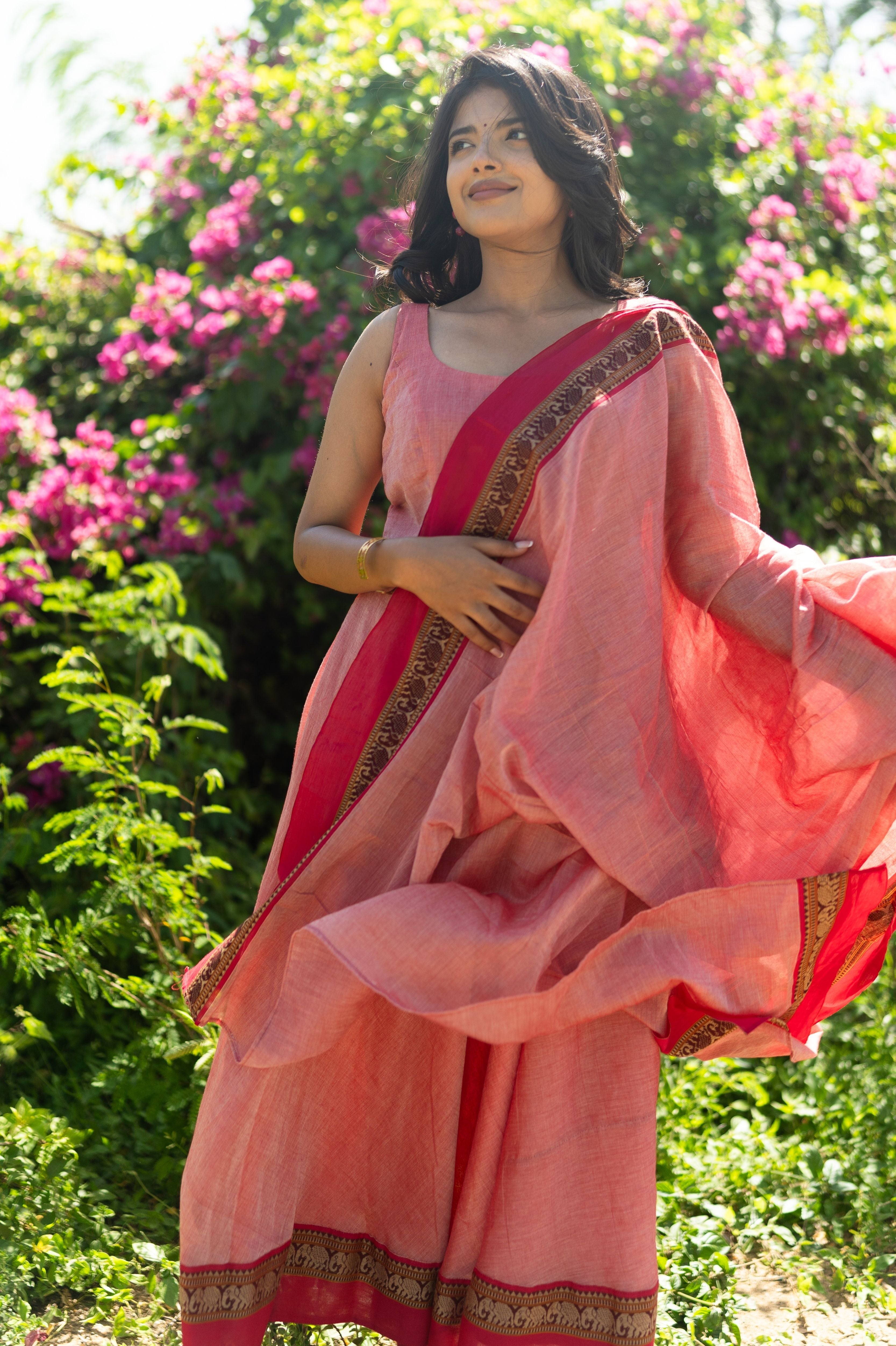 Peach Pink Malar narayanpet Anarkali Top & Dupatta