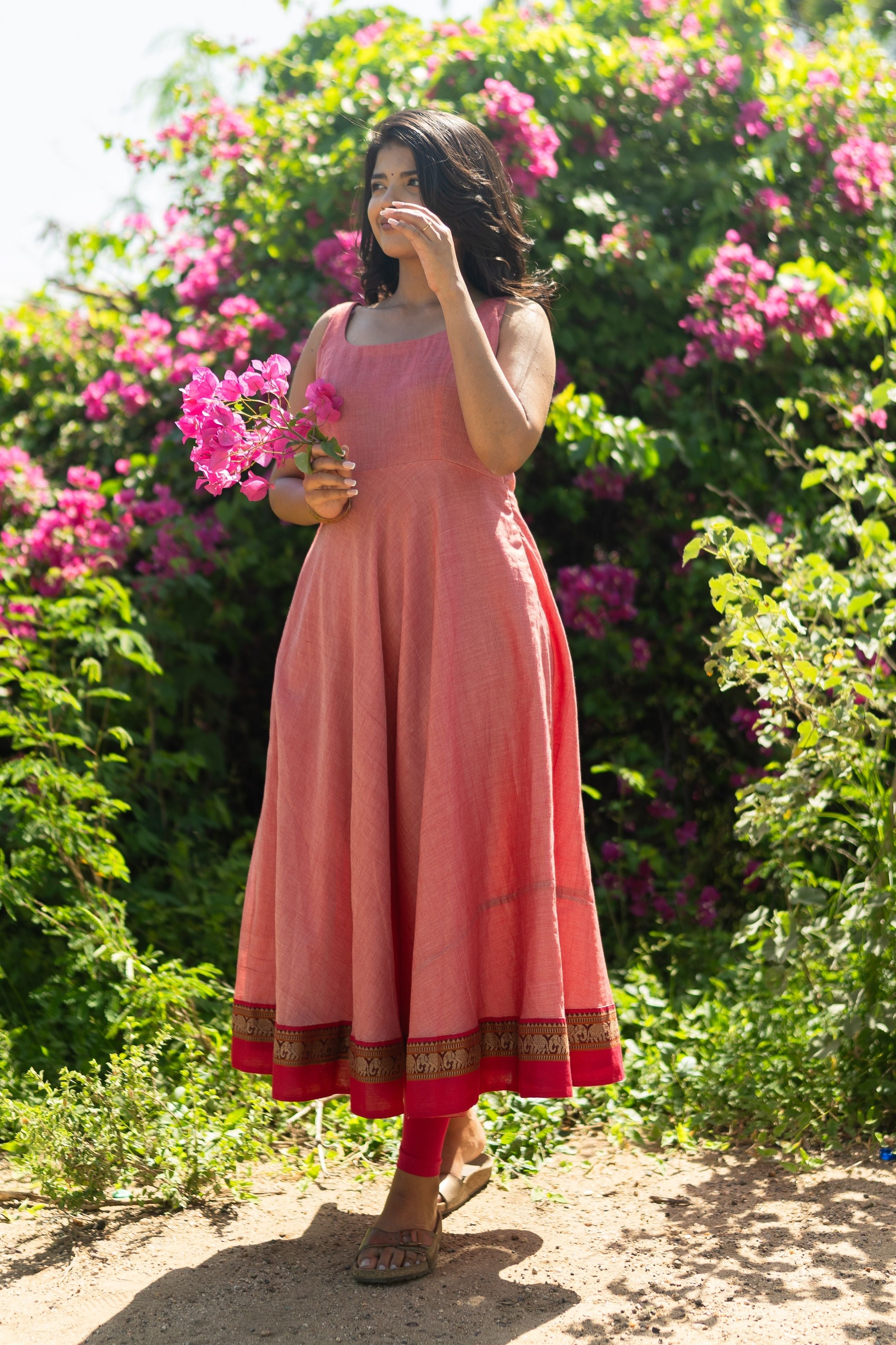 Peach Pink Malar narayanpet Anarkali Top & Dupatta