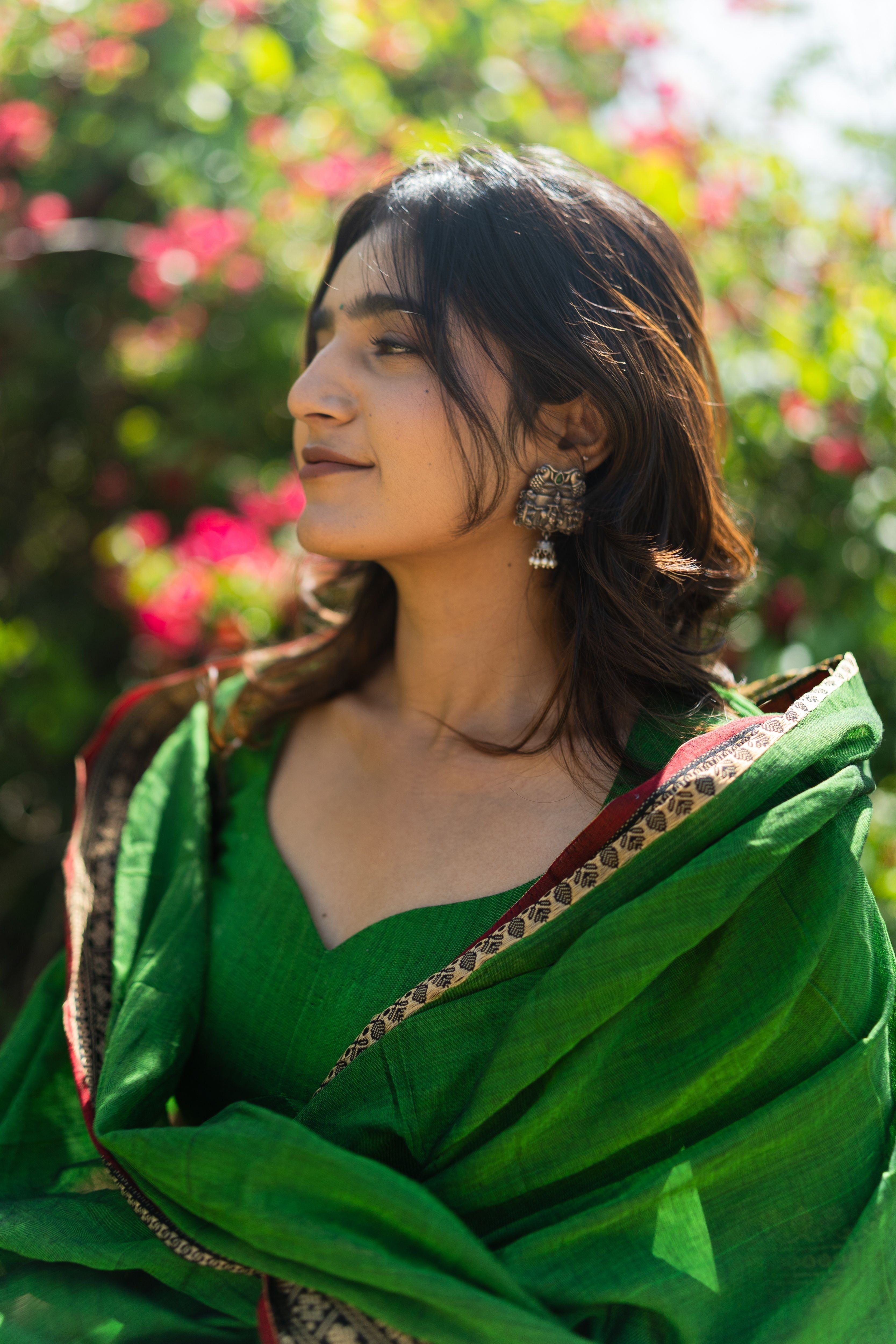 Forest Green Malar narayanpet Anarkali Top & Dupatta