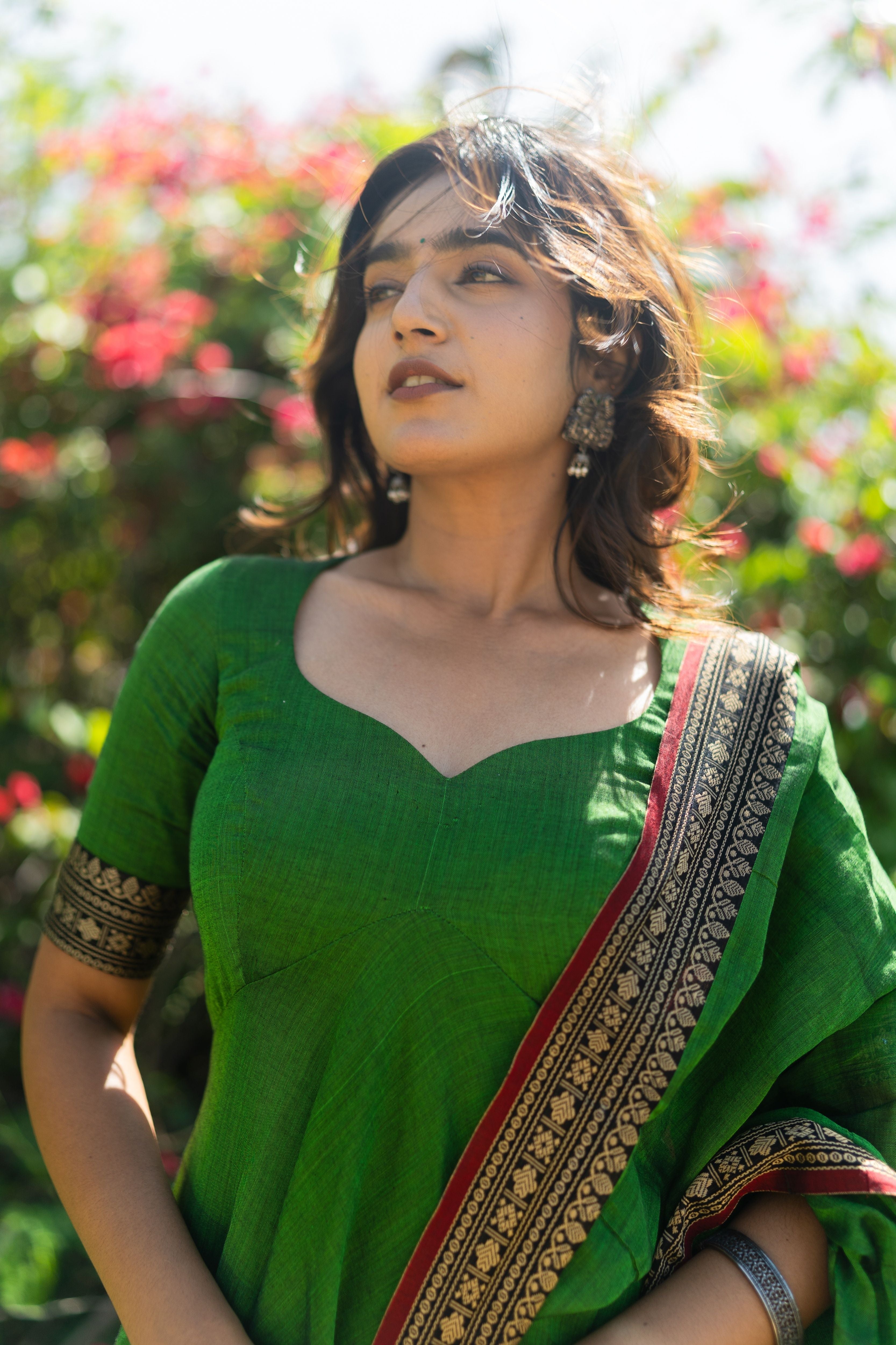 Forest Green Malar narayanpet Anarkali Top & Dupatta