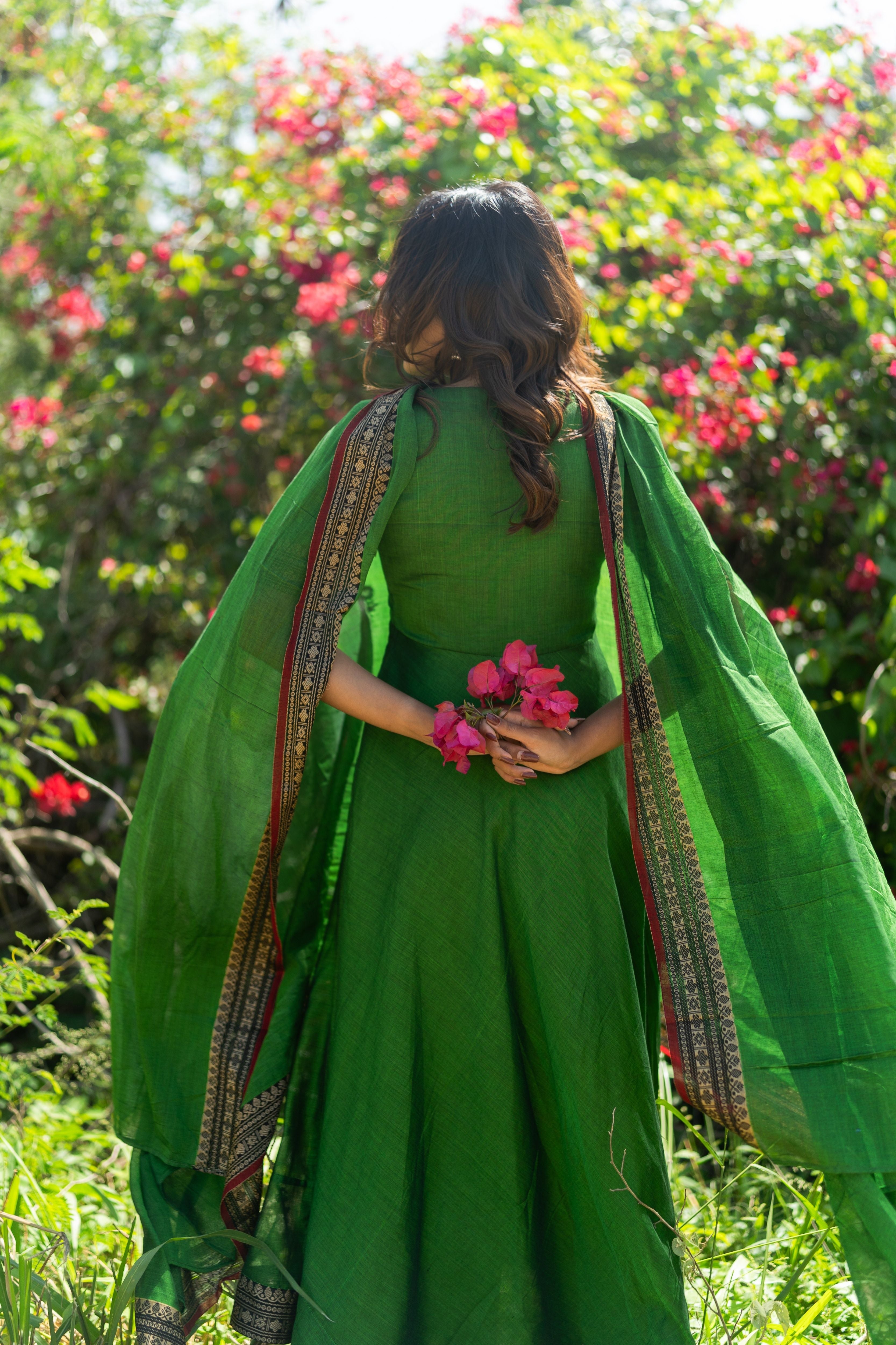 Forest Green Malar narayanpet Anarkali Top & Dupatta