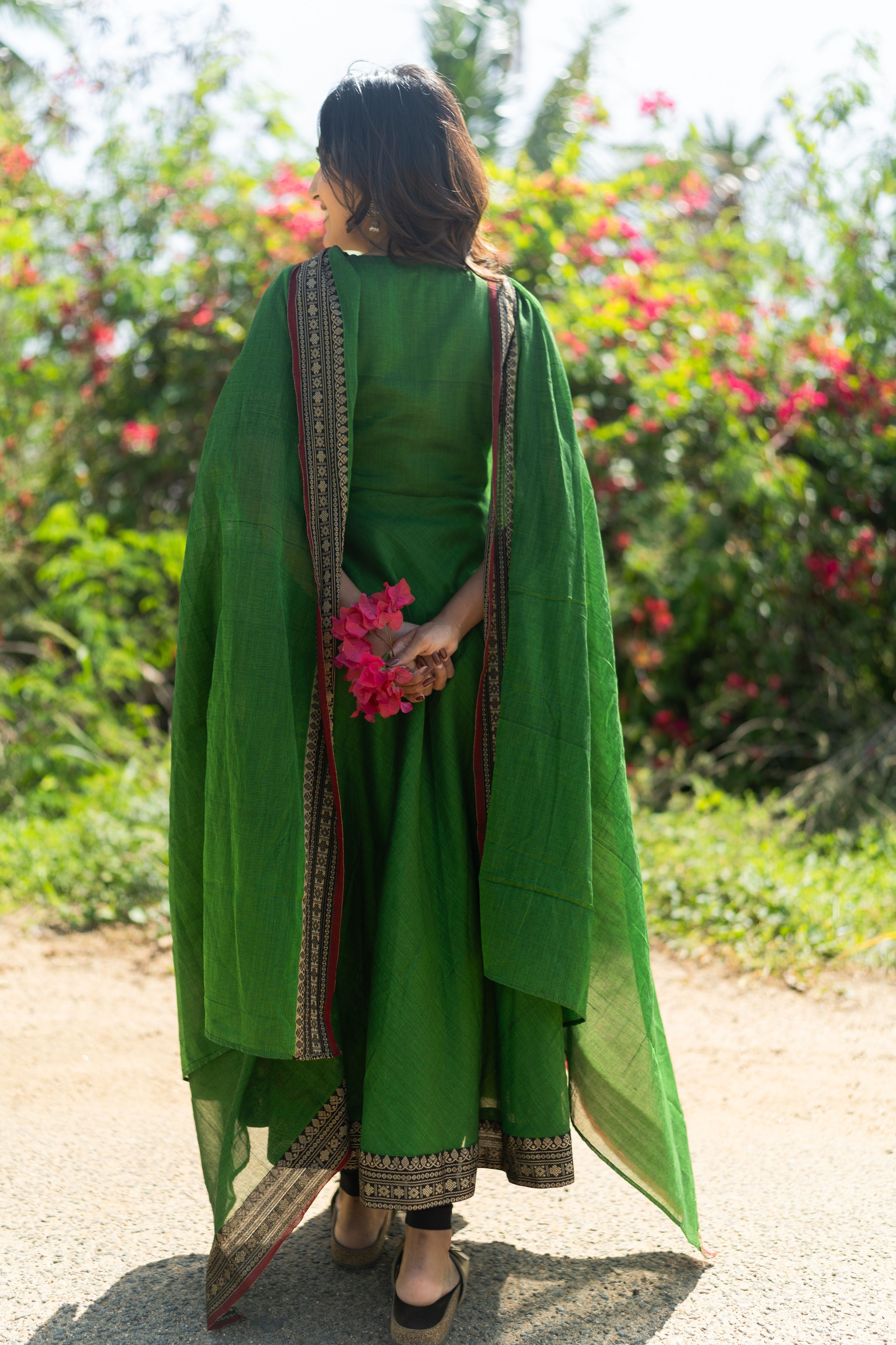 Forest Green Malar narayanpet Anarkali Top & Dupatta