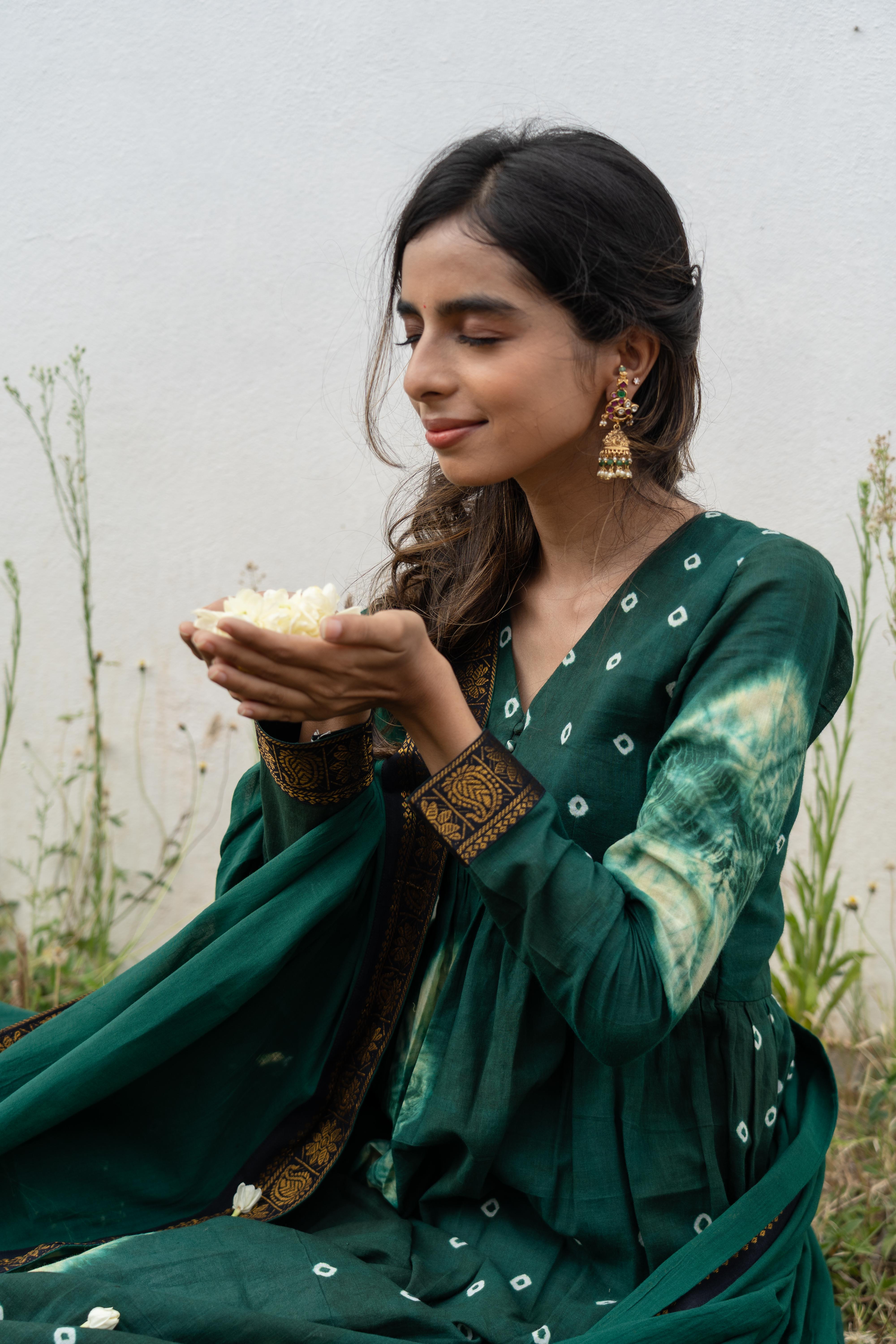 Emerald Green Sungudi Anarkali Set