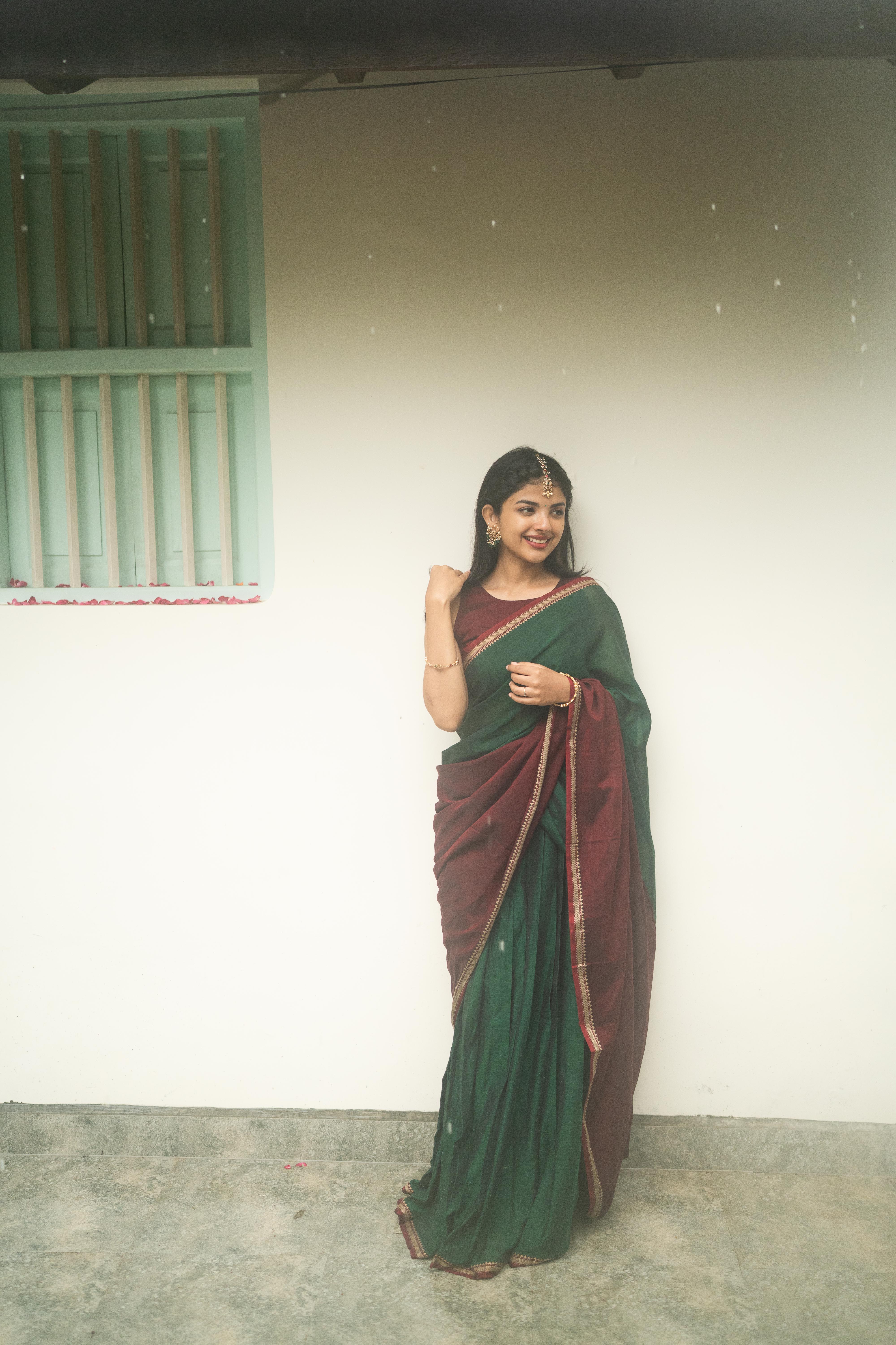 Green with Maroon Half Saree