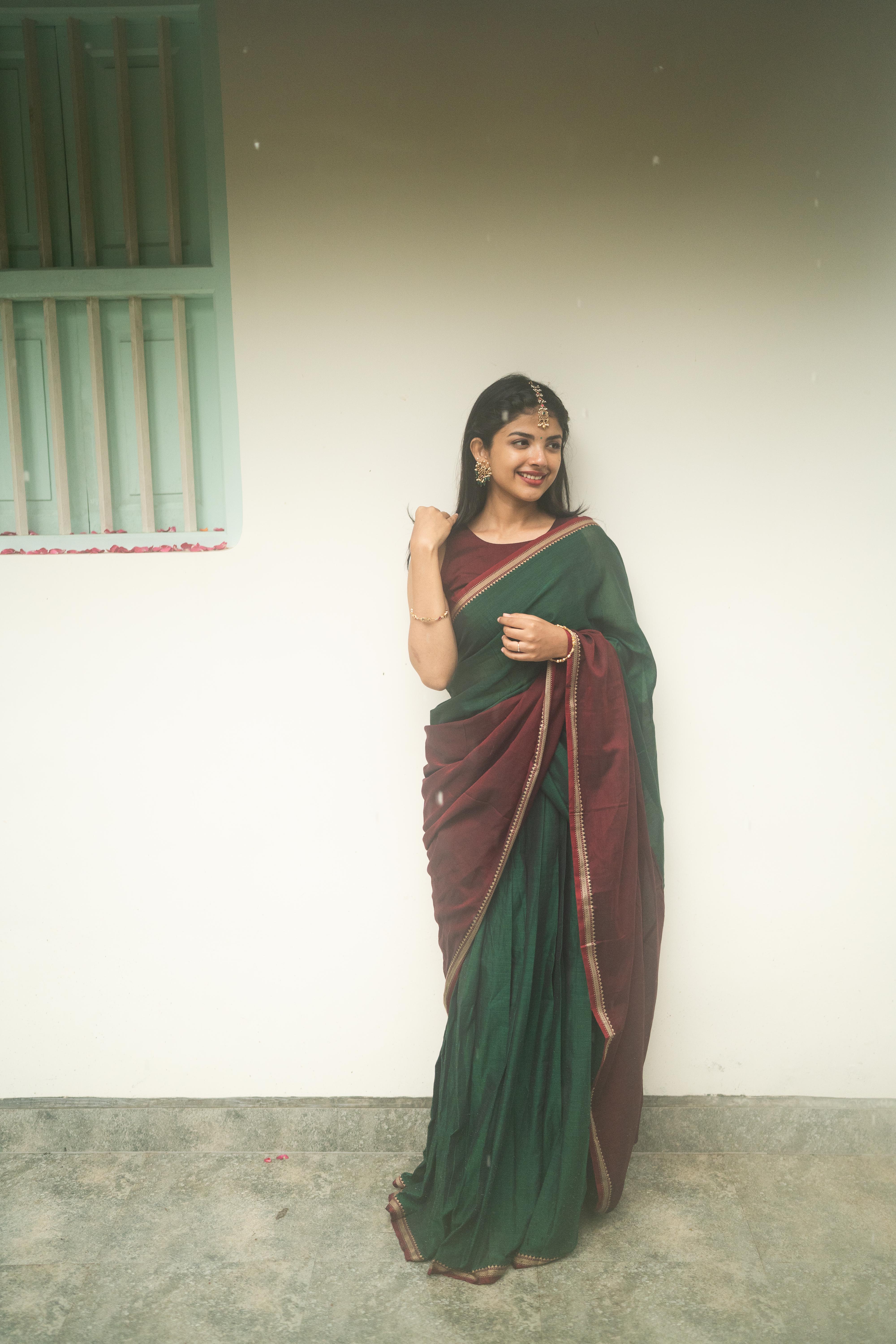 Green with Maroon Half Saree
