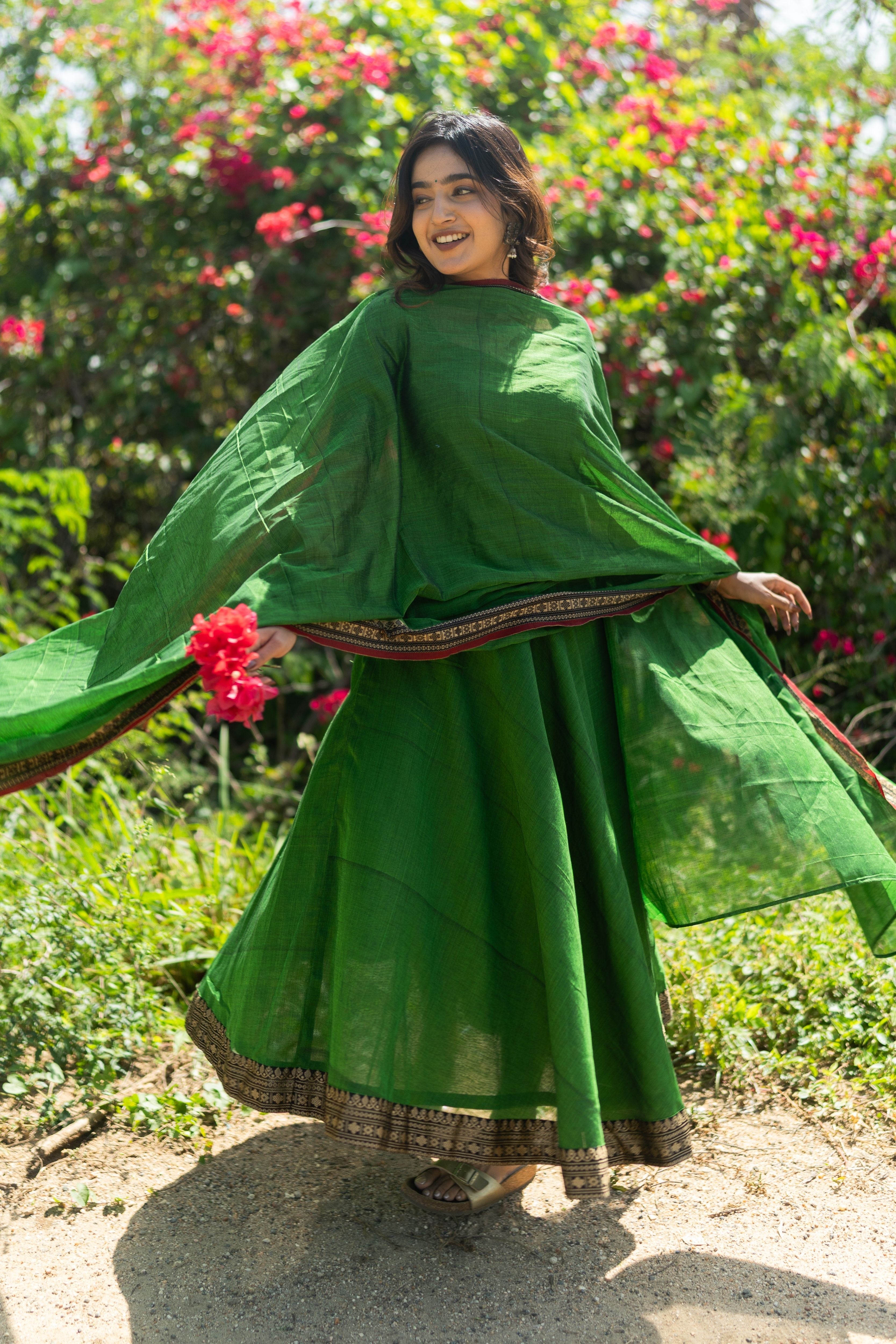 Forest Green Malar narayanpet Anarkali Top & Dupatta
