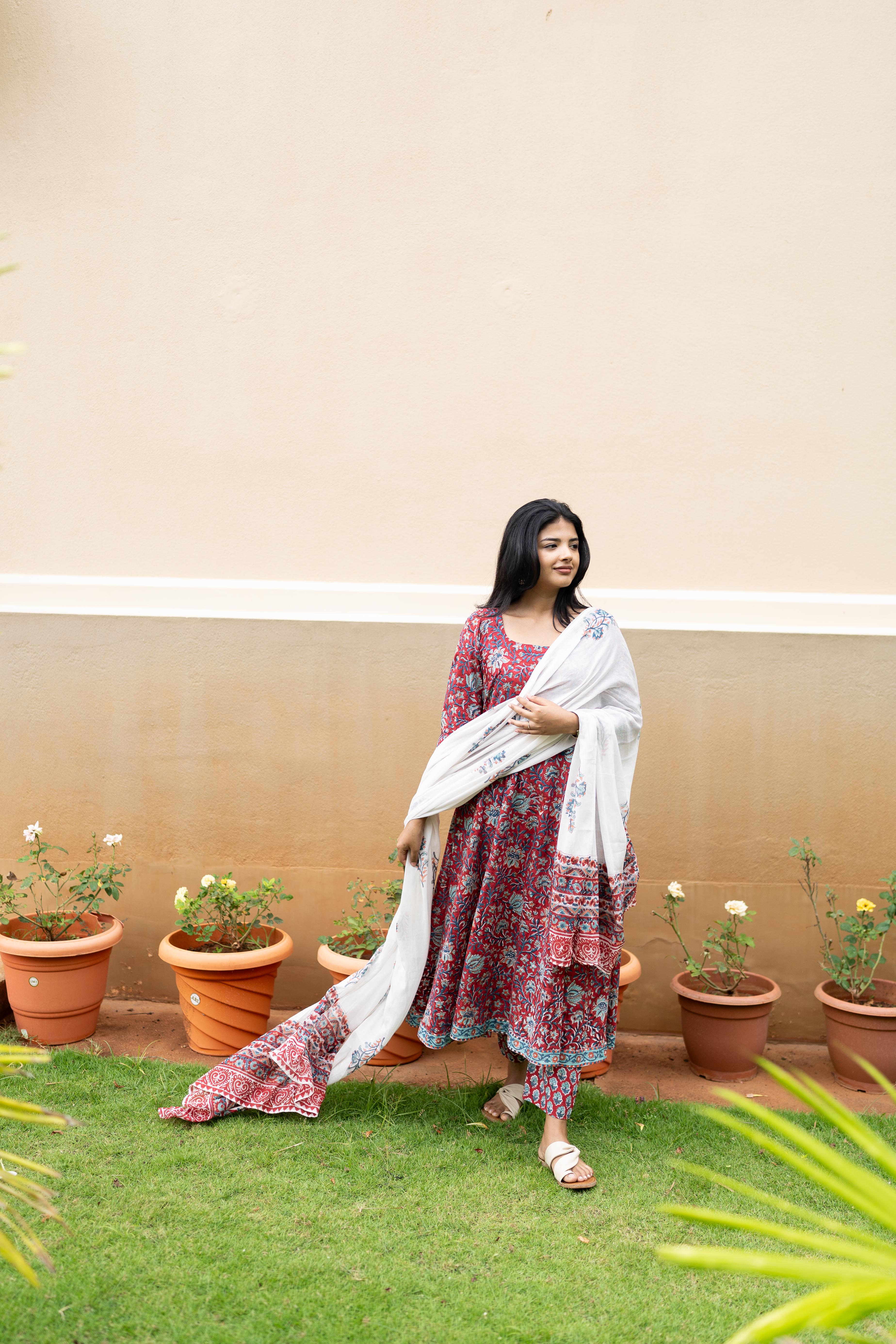 Deep red handblock printed anarkali set