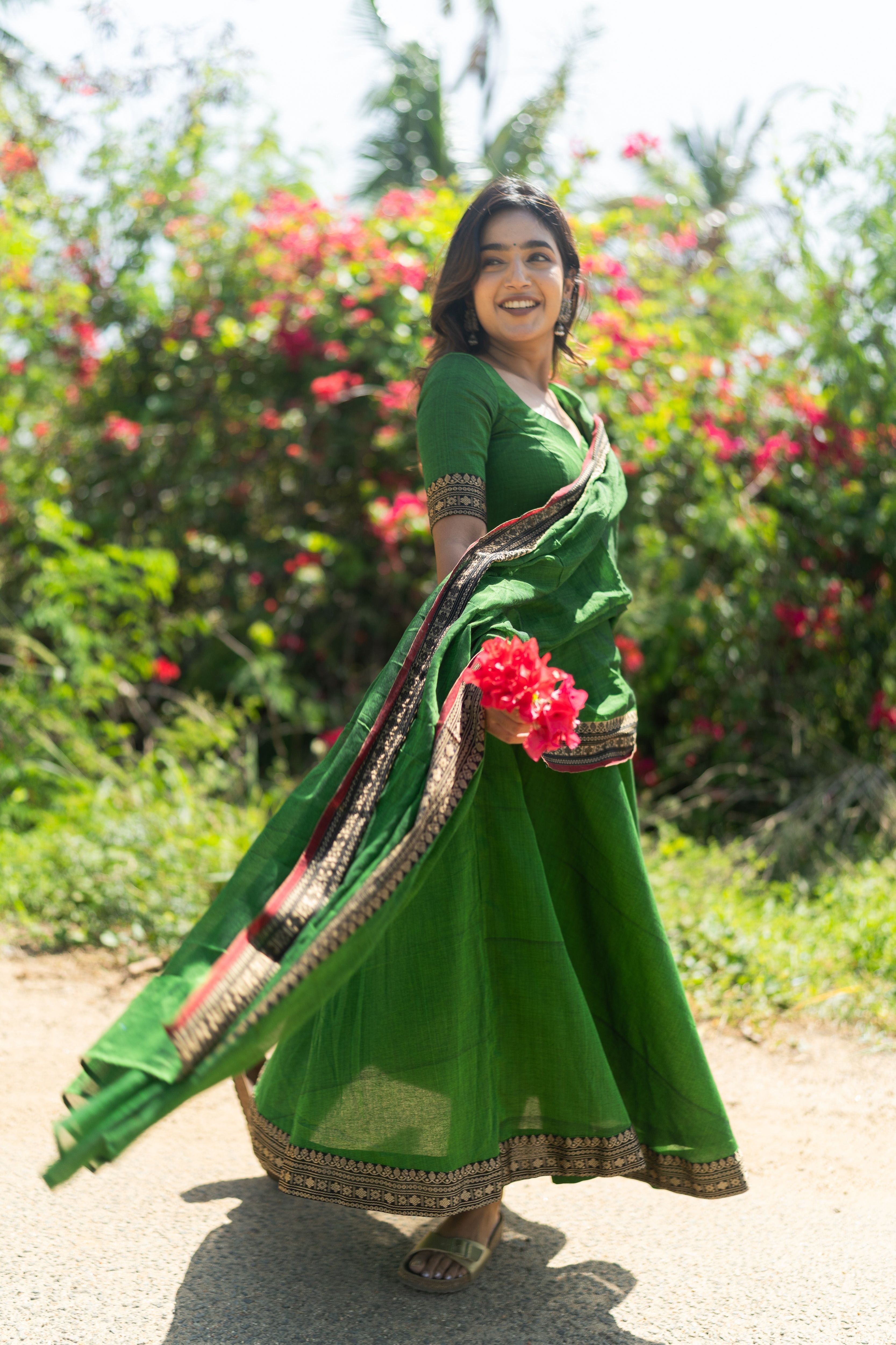 Forest Green Malar narayanpet Anarkali Top & Dupatta