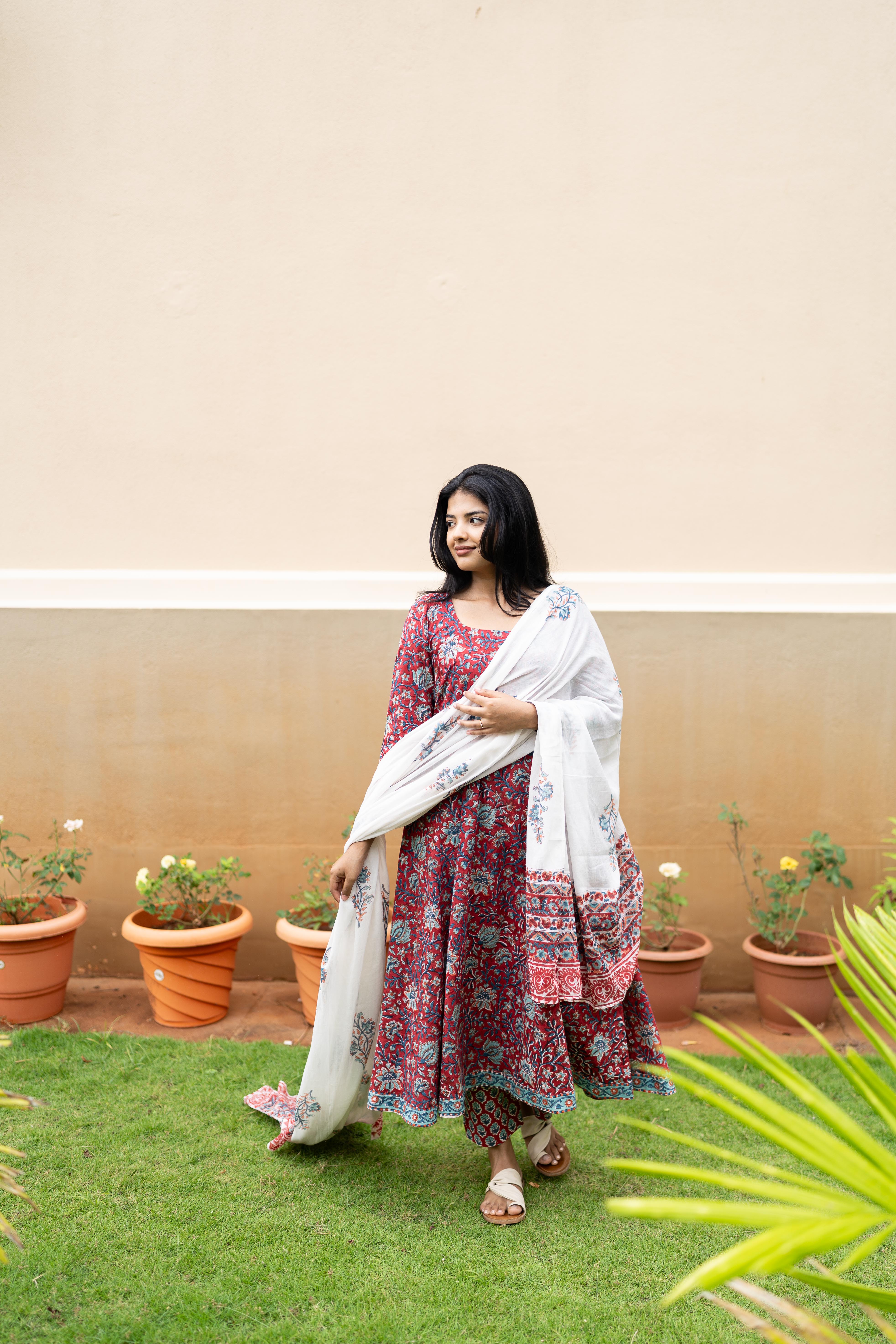 Deep red handblock printed anarkali set