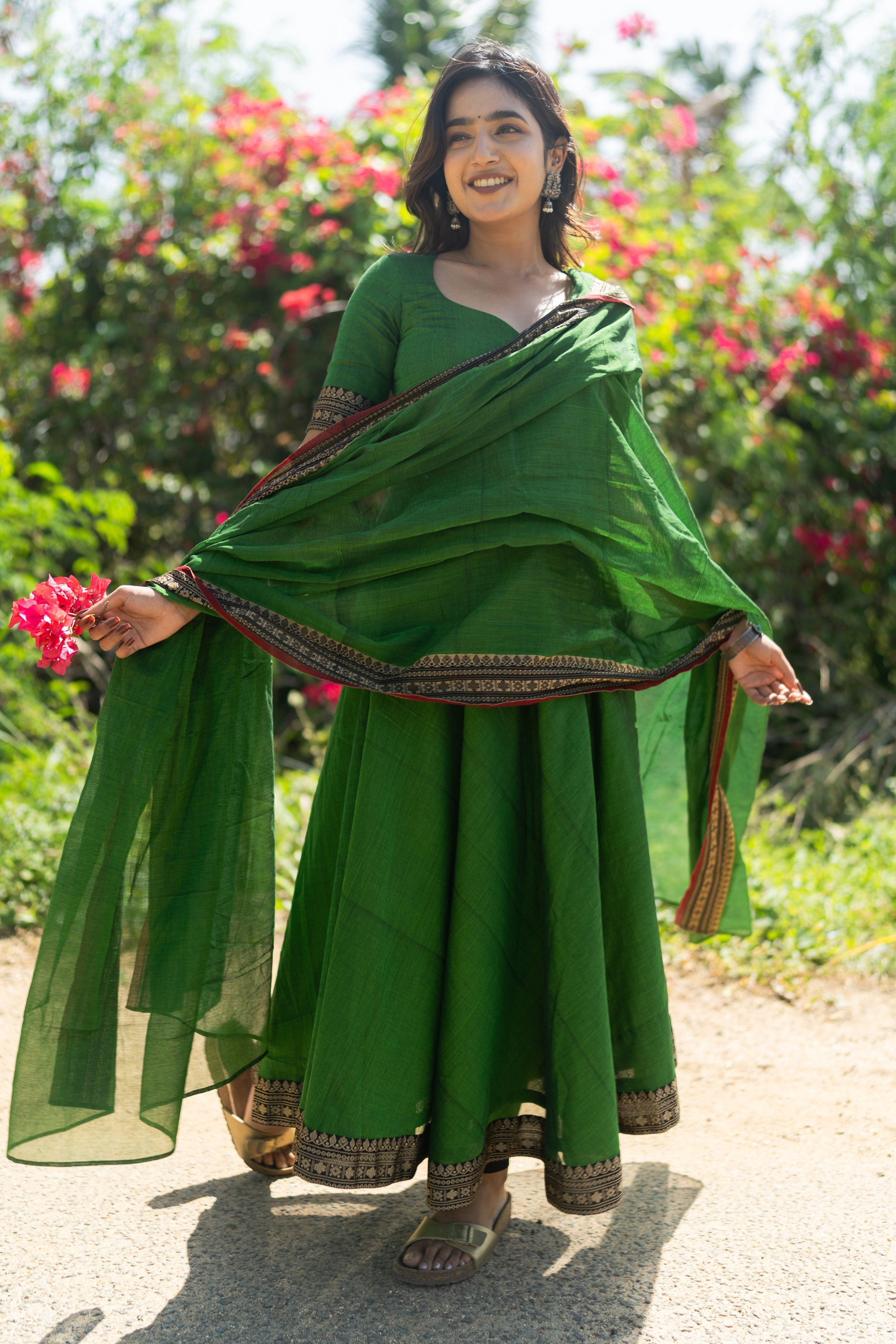 Forest Green Malar narayanpet Anarkali Top & Dupatta