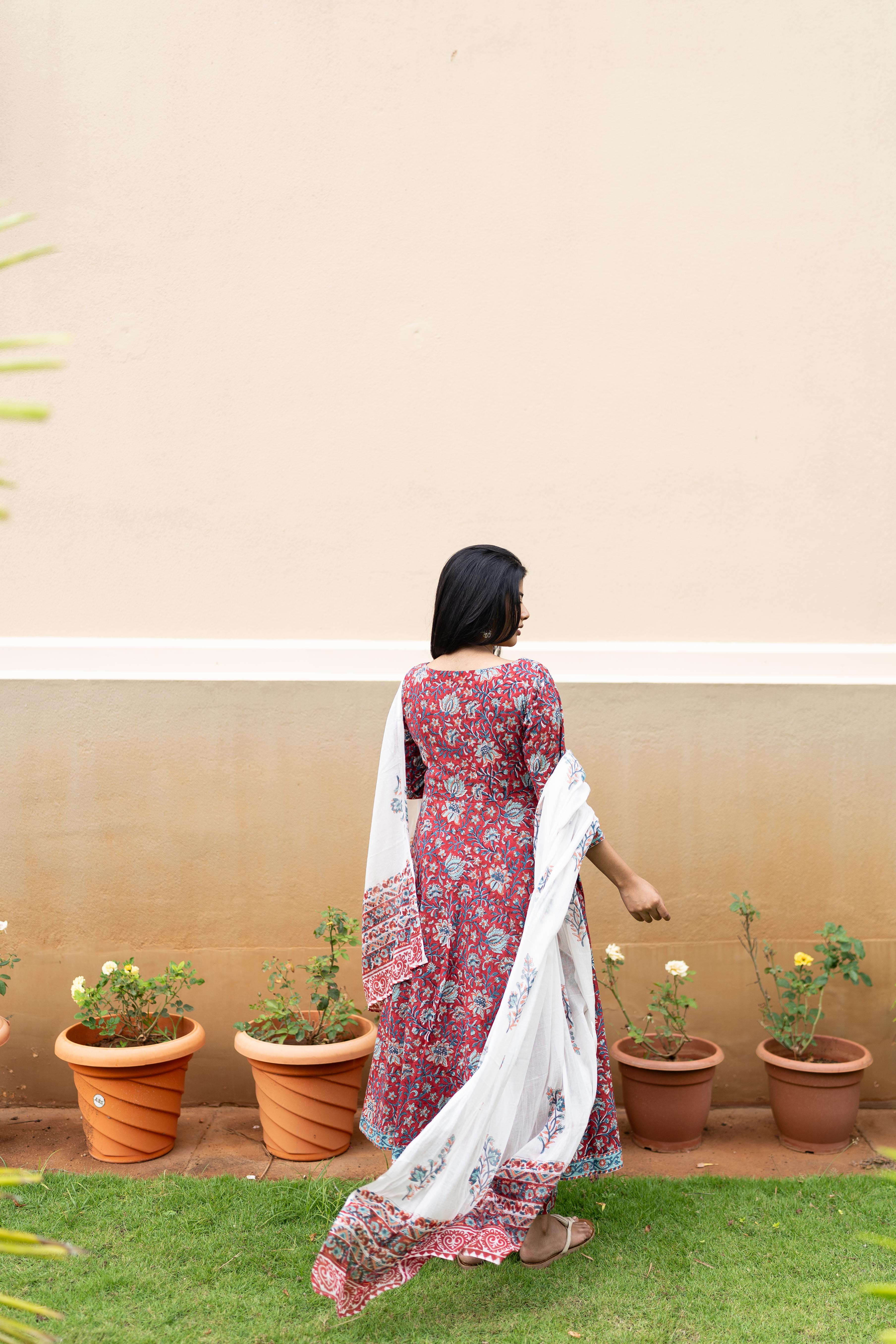 Deep red handblock printed anarkali set