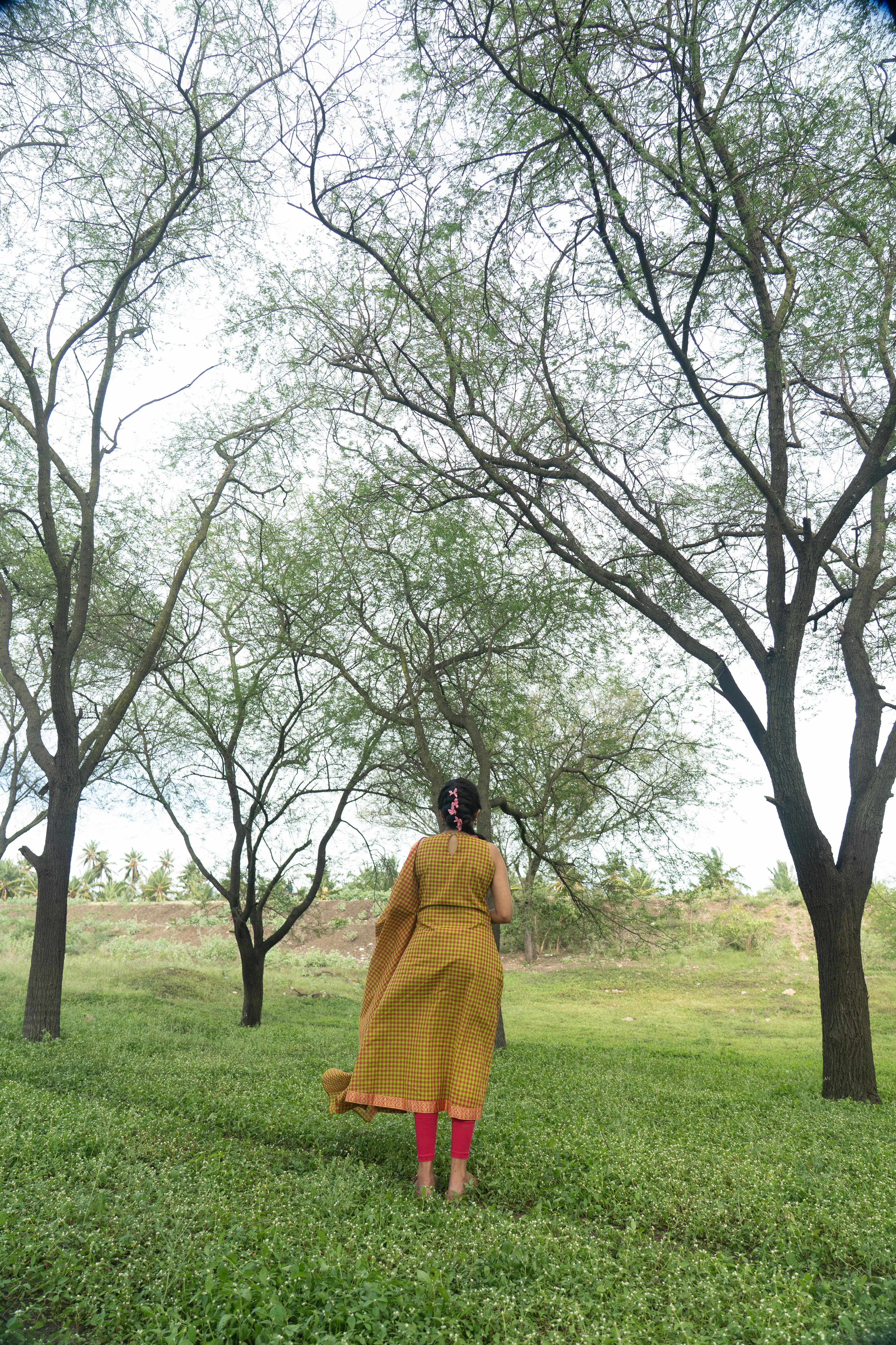 Green Color Madras Checks Kanchi Cotton Top & Dupatta