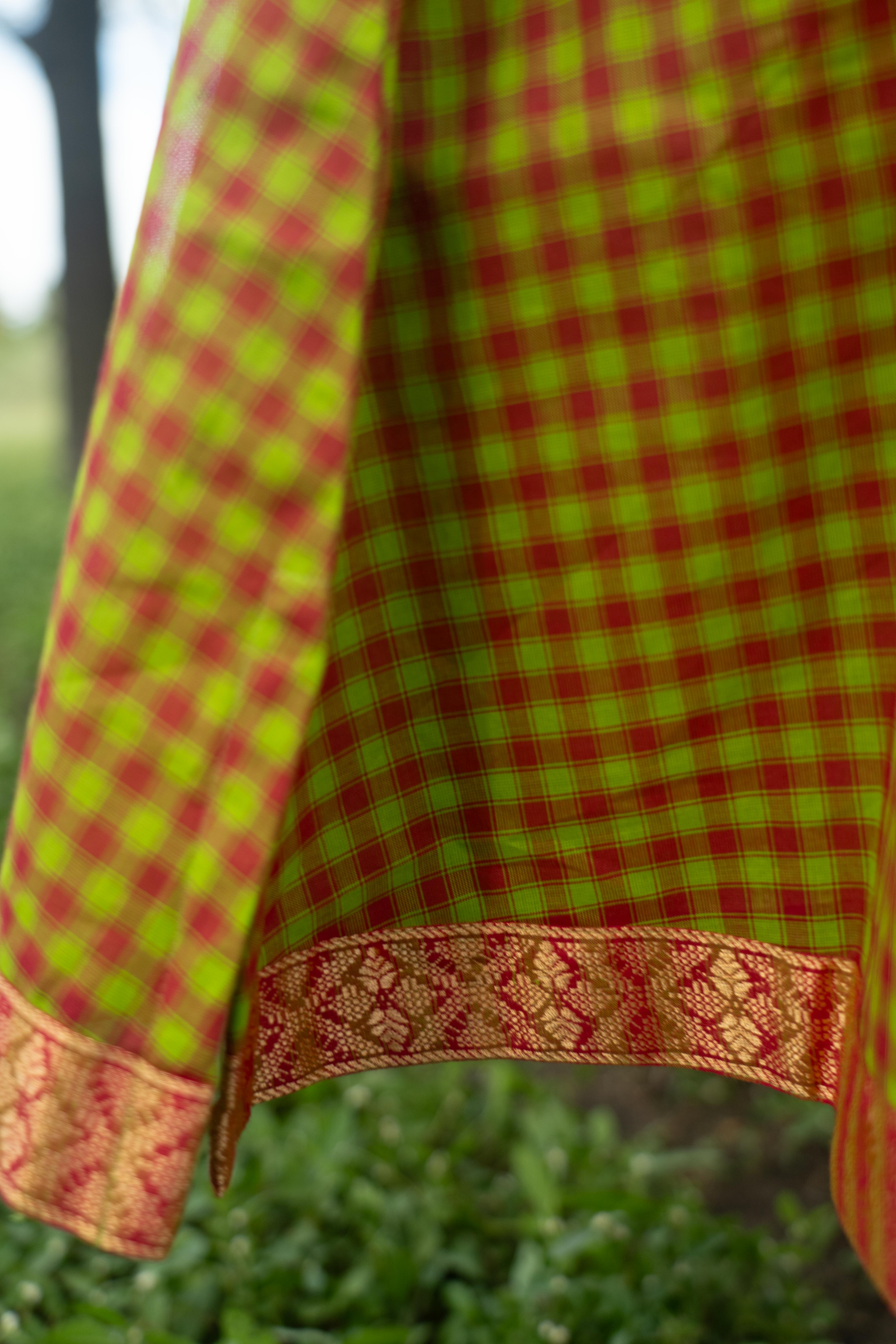 Green Color Madras Checks Kanchi Cotton Top & Dupatta