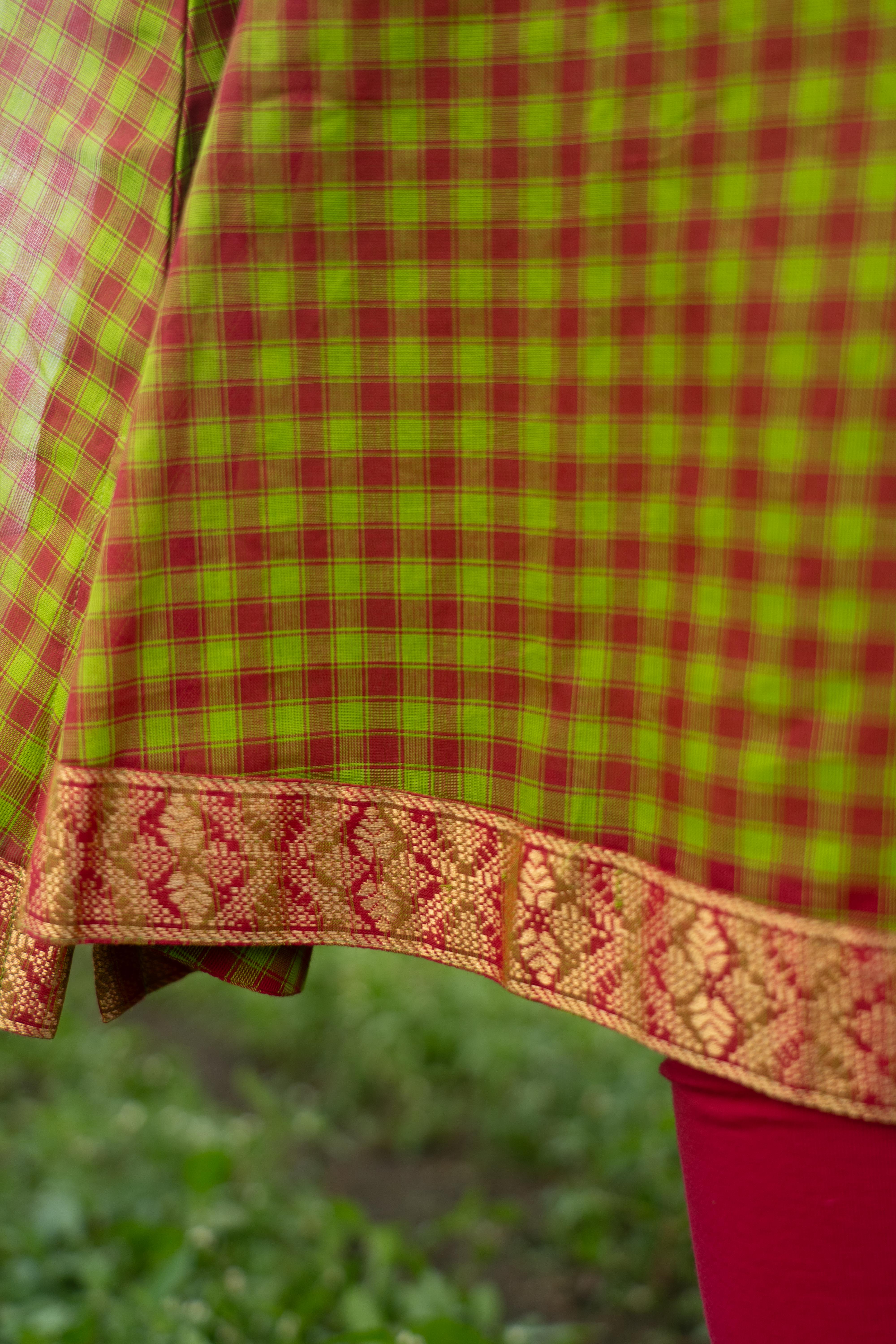 Green Color Madras Checks Kanchi Cotton Top & Dupatta