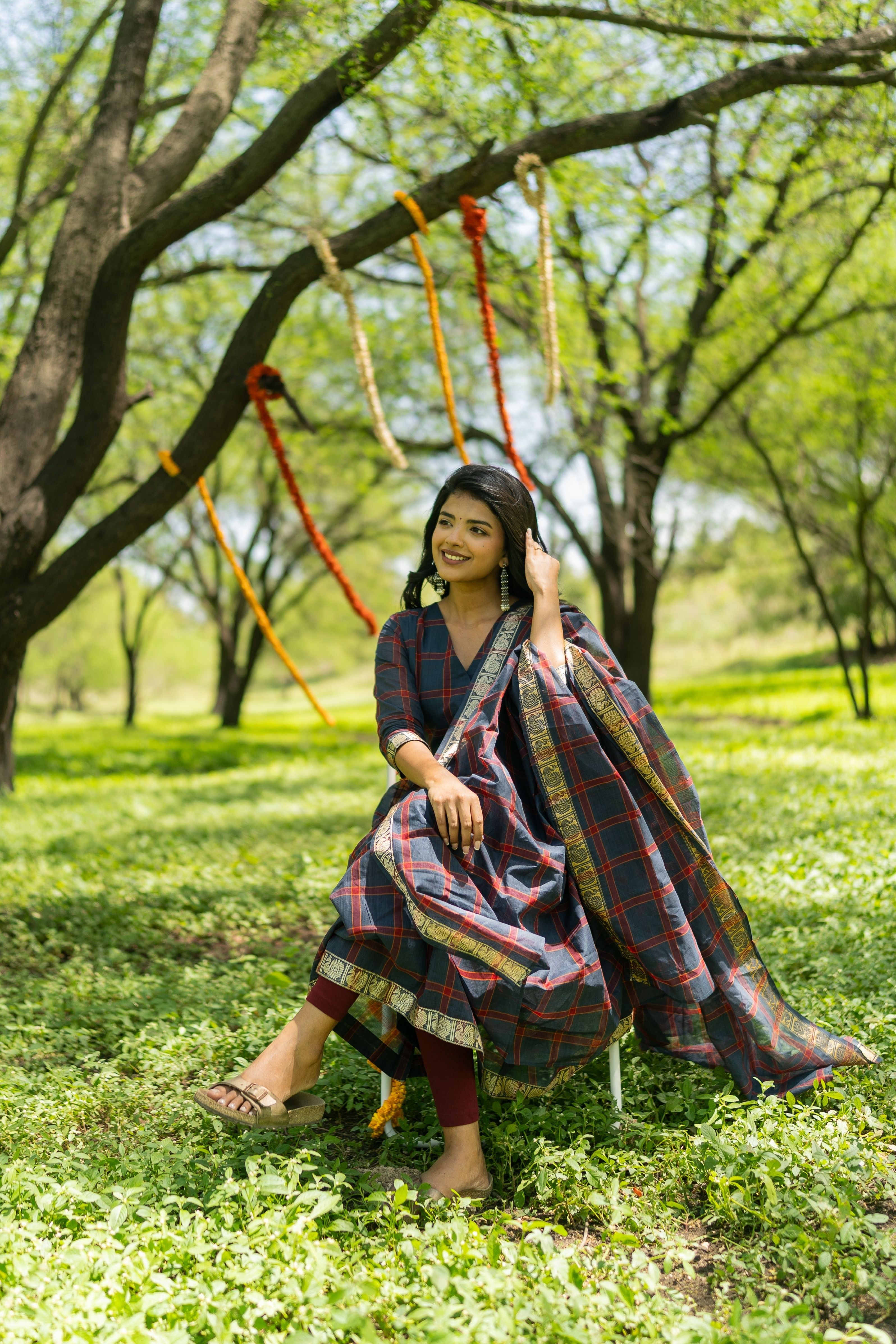 Blue Madras Checks Kanchi Cotton Top & Dupatta