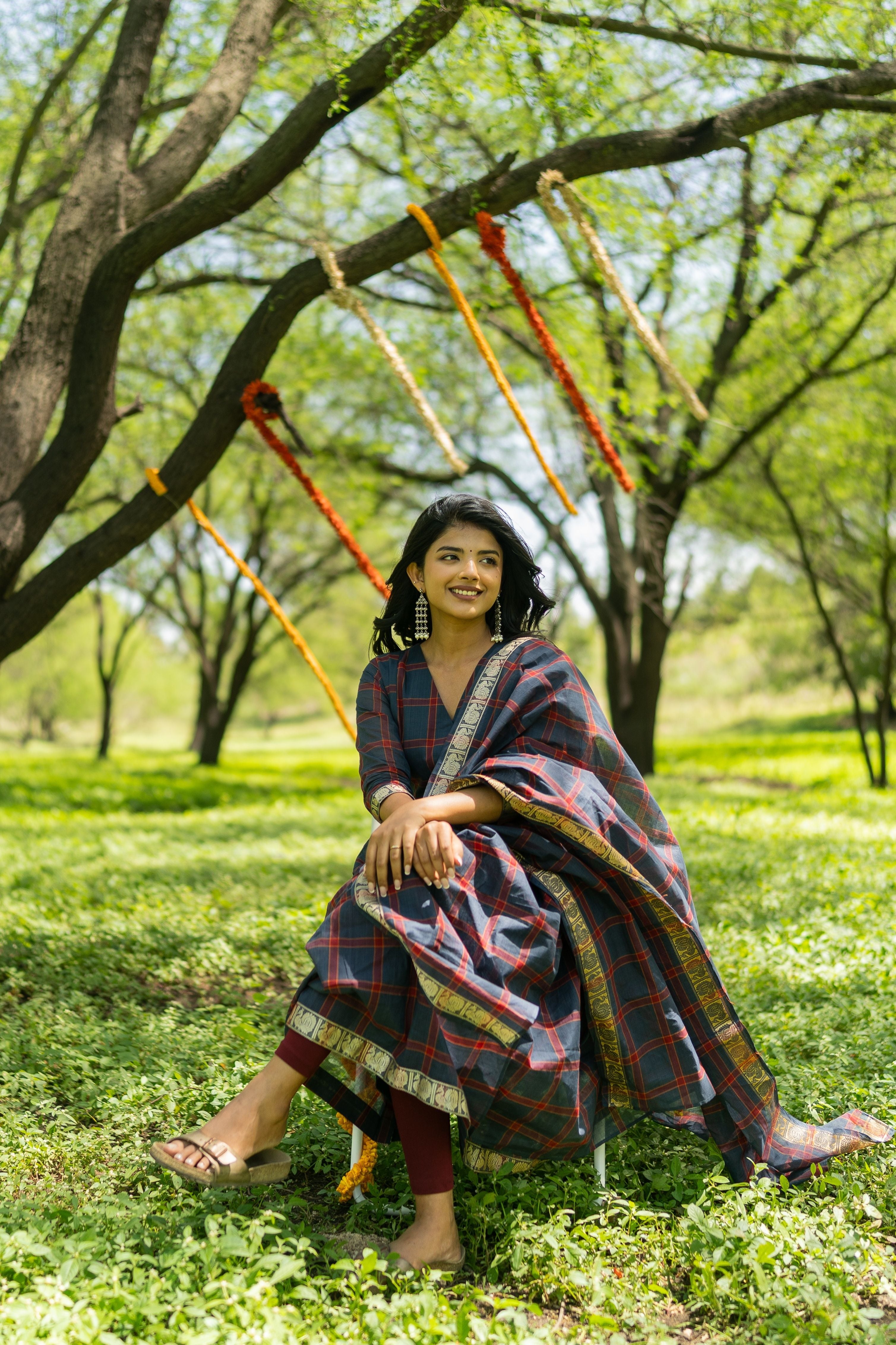 Blue Madras Checks Kanchi Cotton Top & Dupatta