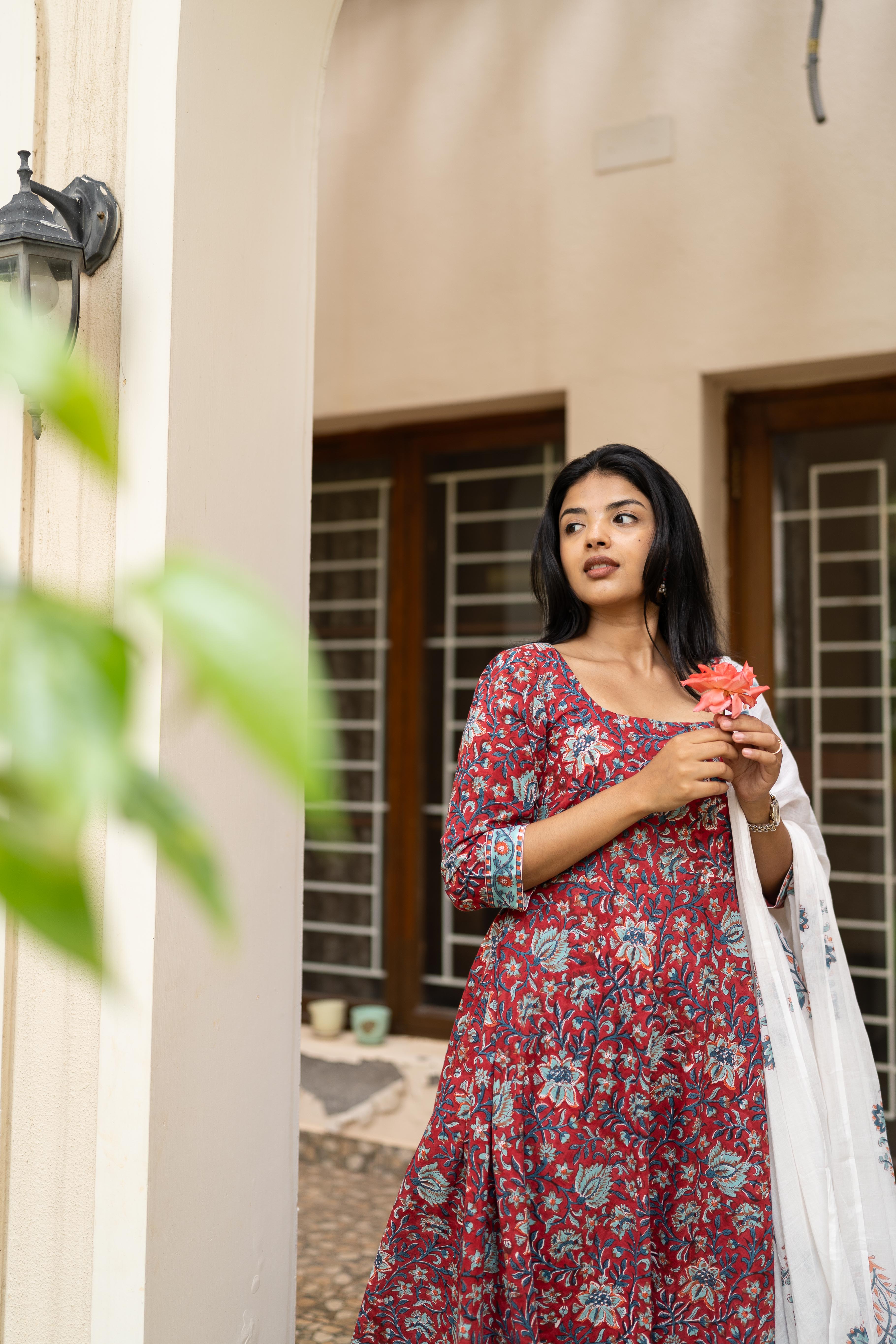 Deep red handblock printed anarkali set
