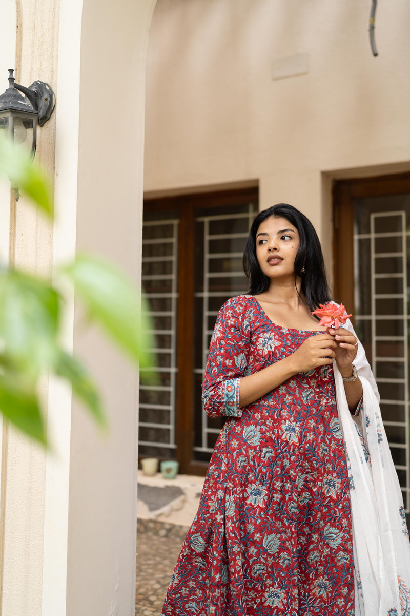Deep red handblock printed anarkali set