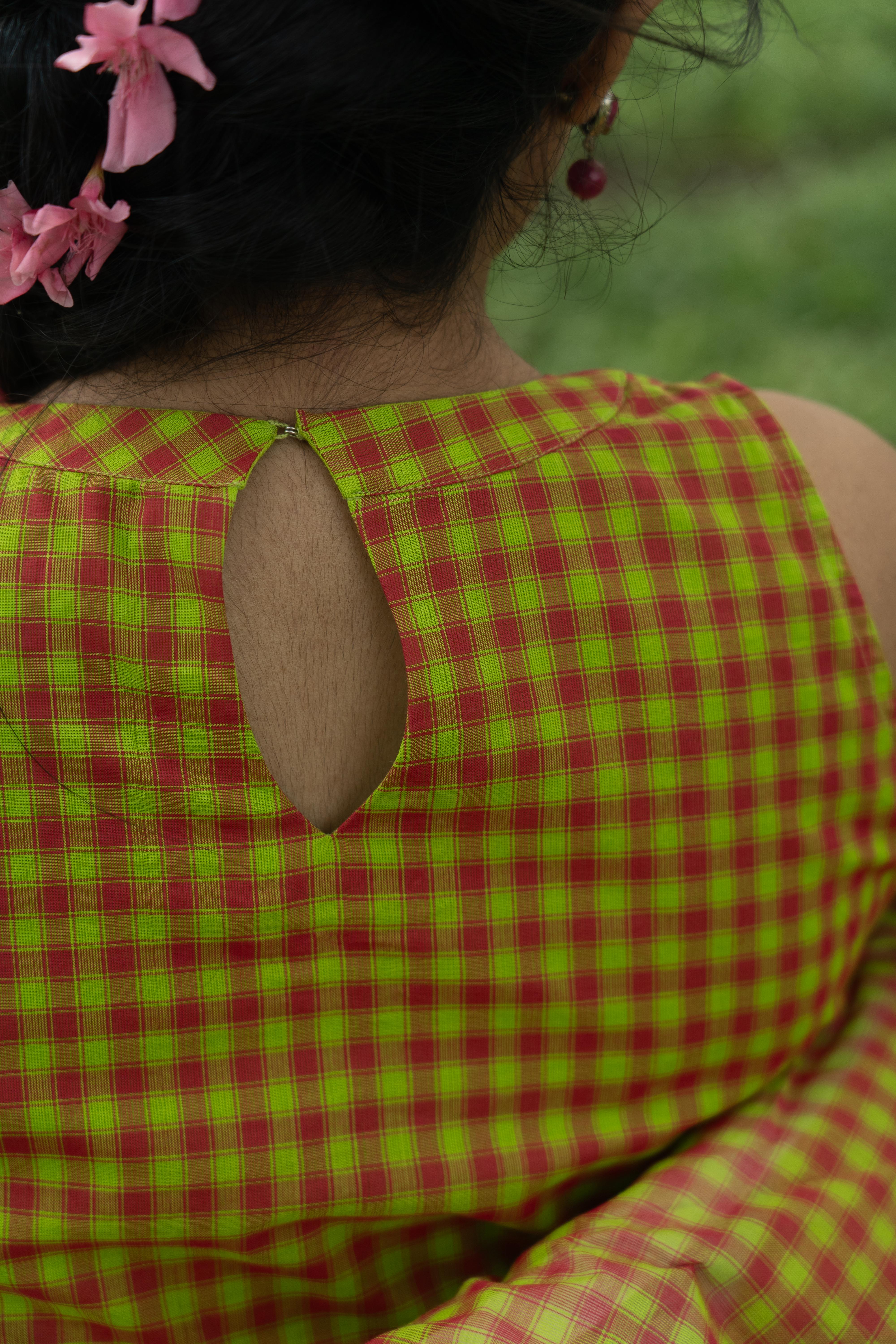 Green Color Madras Checks Kanchi Cotton Top & Dupatta