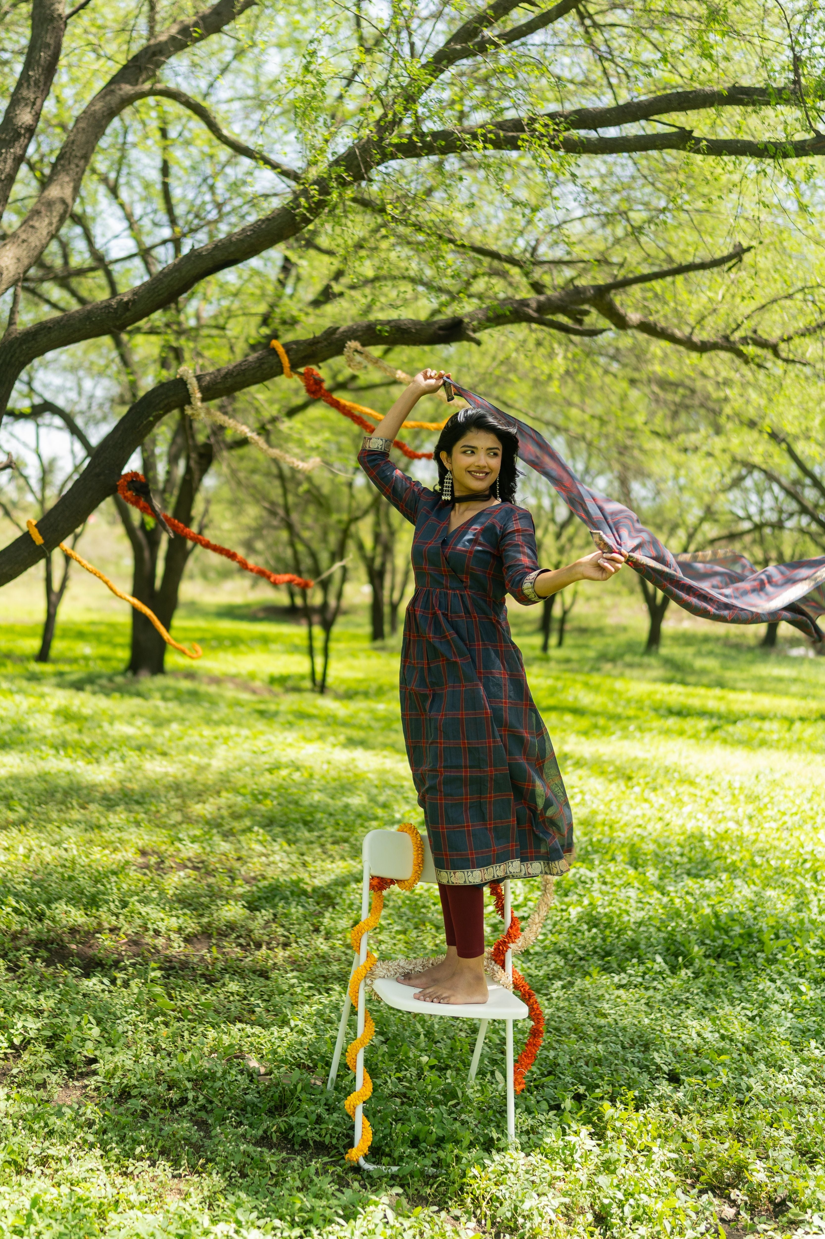 Blue Madras Checks Kanchi Cotton Top & Dupatta