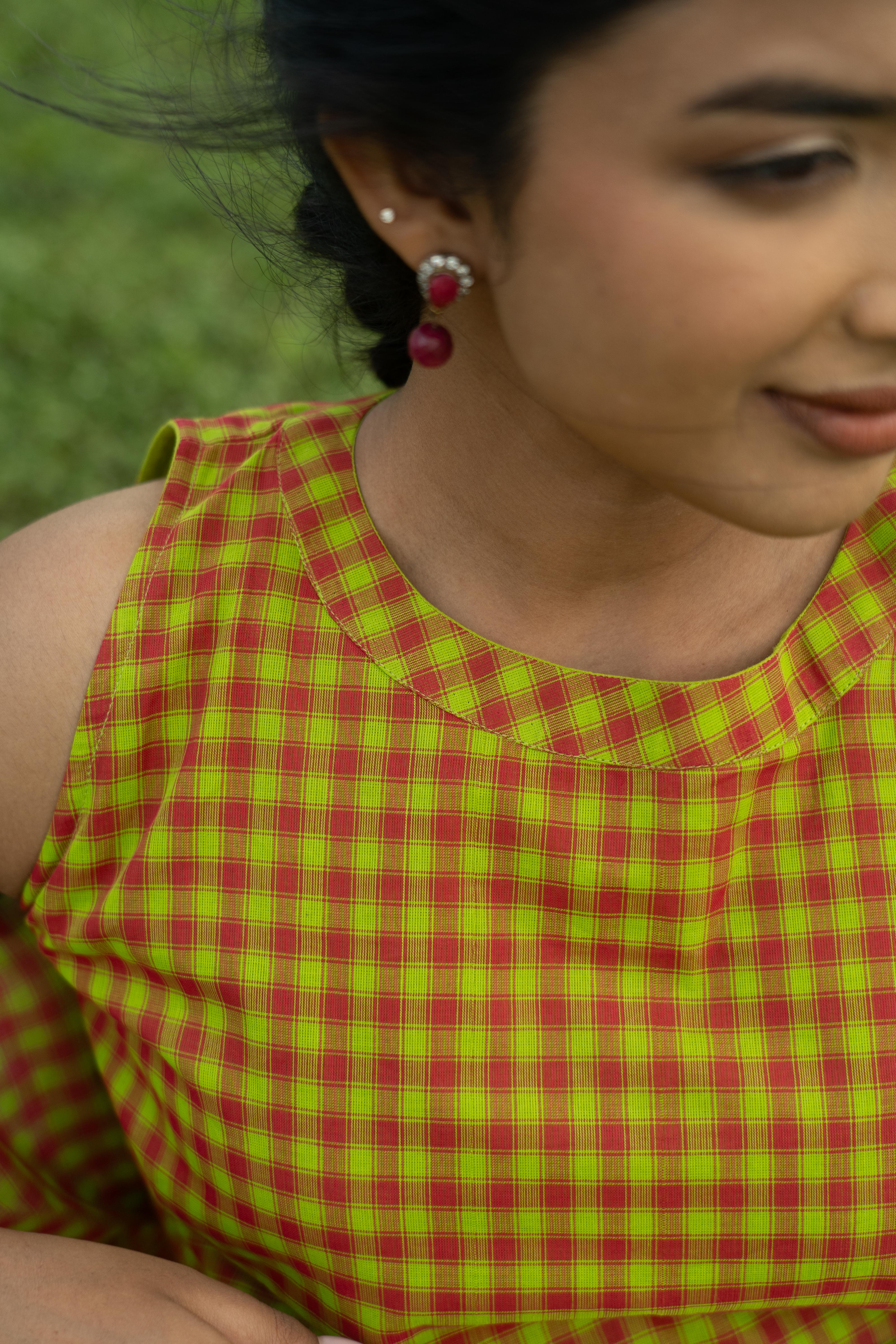Green Color Madras Checks Kanchi Cotton Top & Dupatta