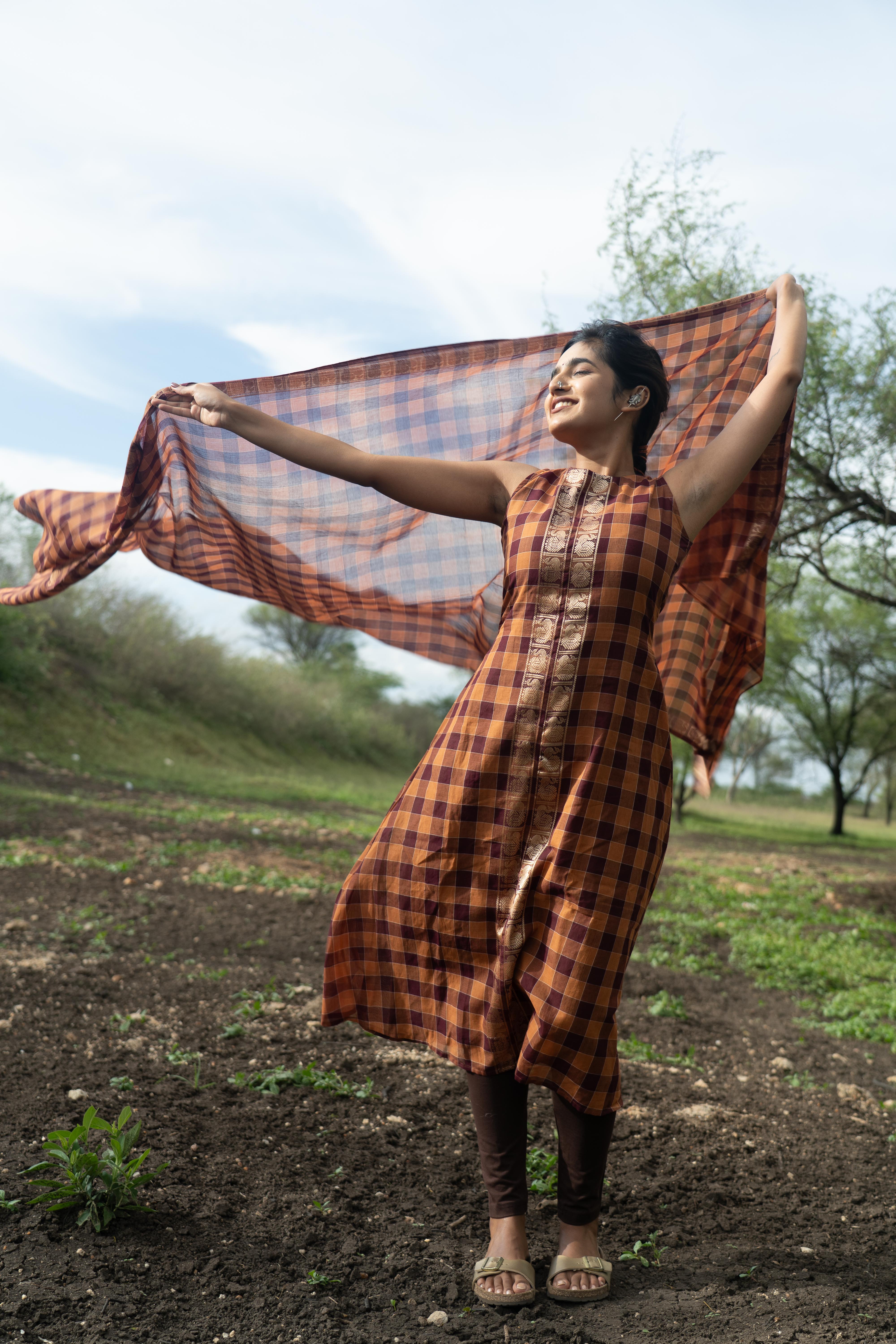 Brown with wine Madras Checks Top & Dupatta
