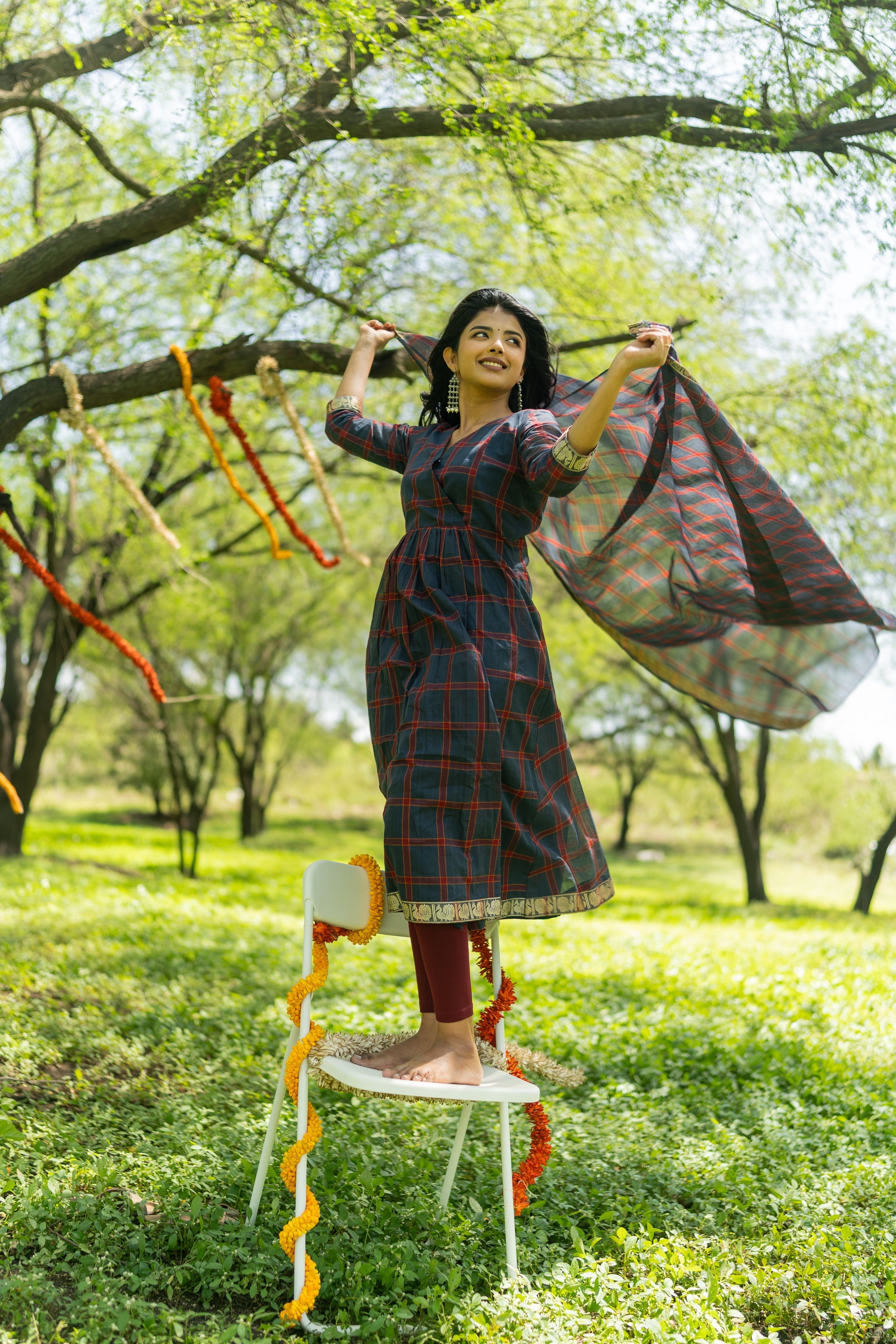 Blue Madras Checks Kanchi Cotton Top & Dupatta