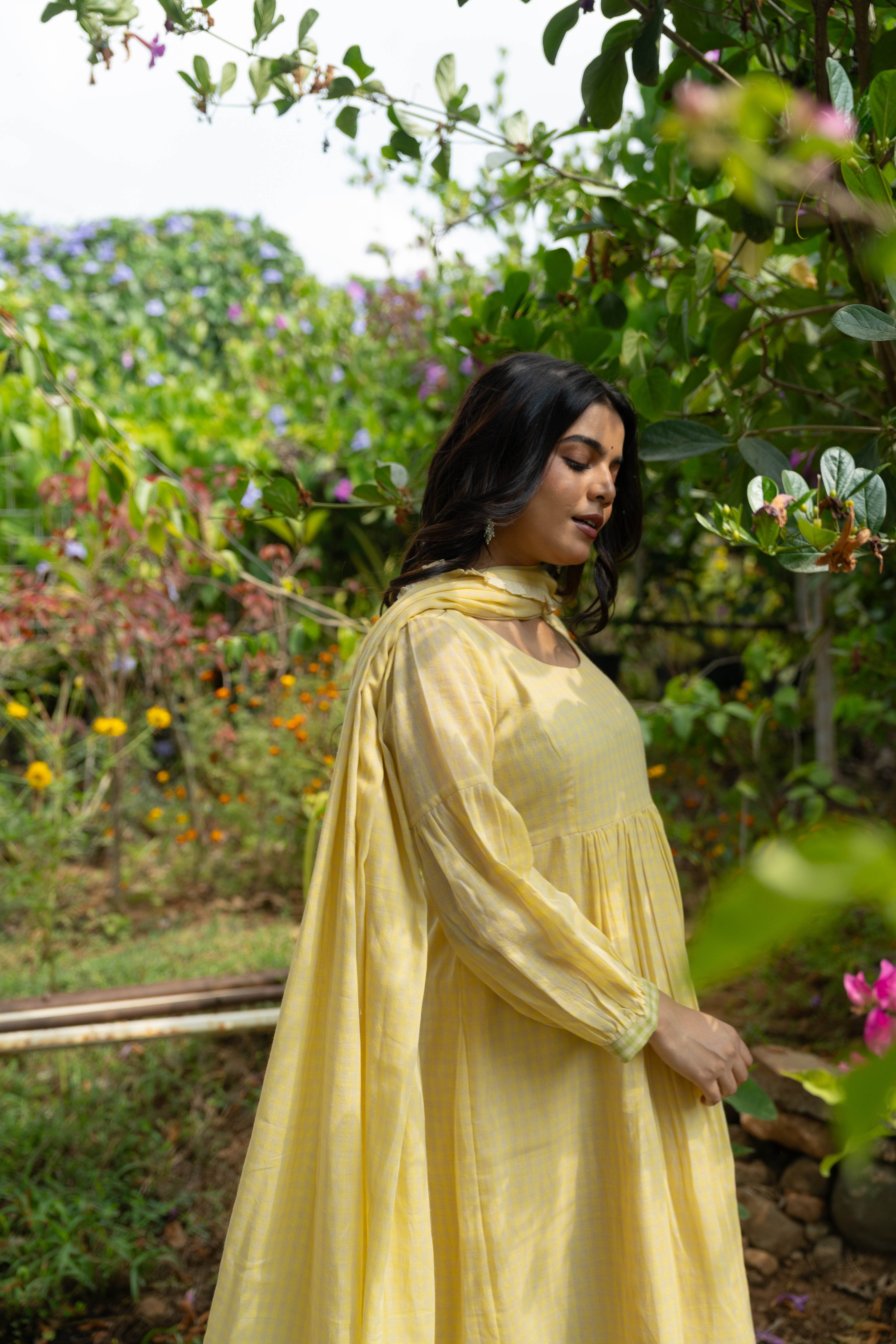 Butter yellow checked Anarkali set