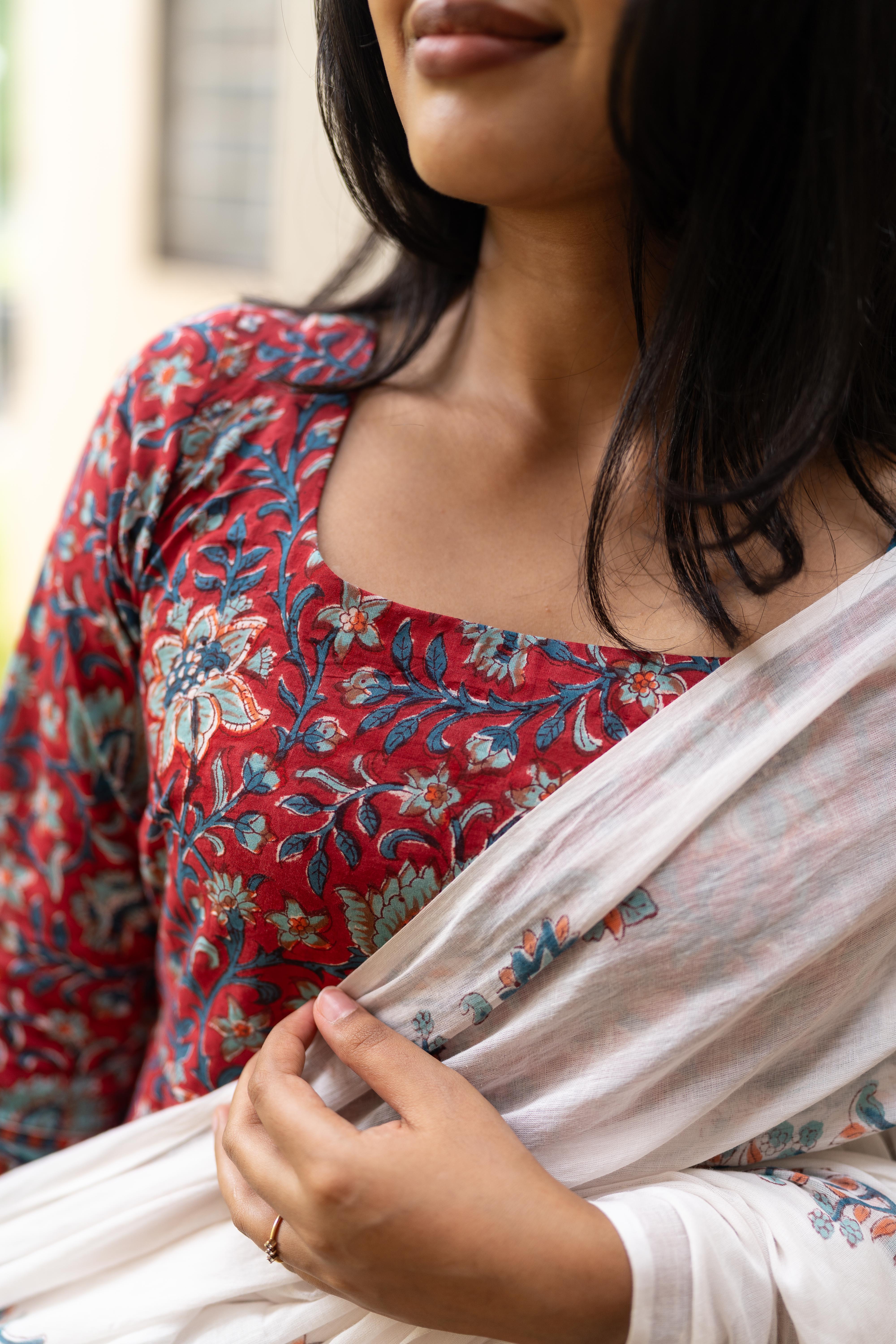 Deep red handblock printed anarkali set