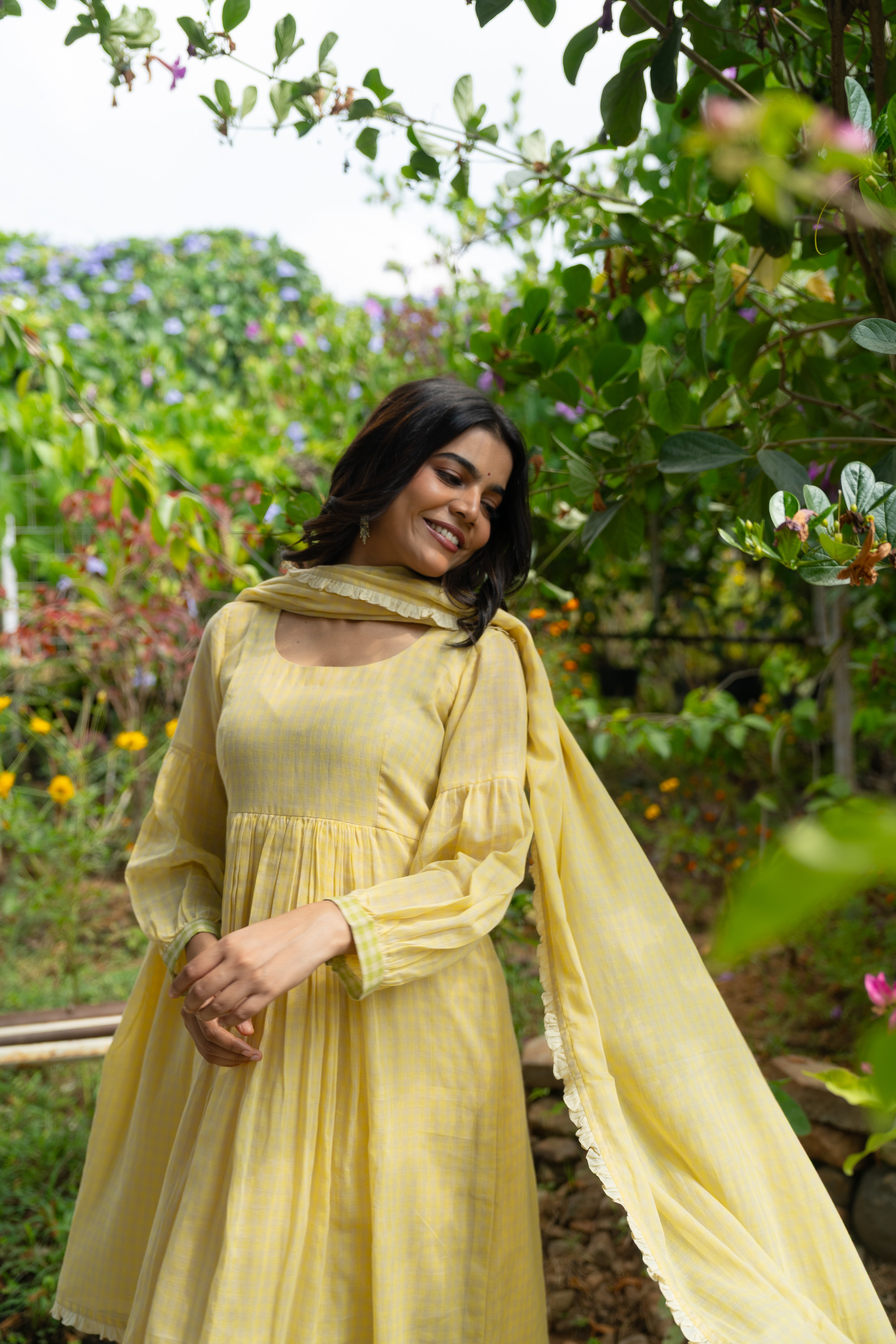 Butter yellow checked Anarkali set