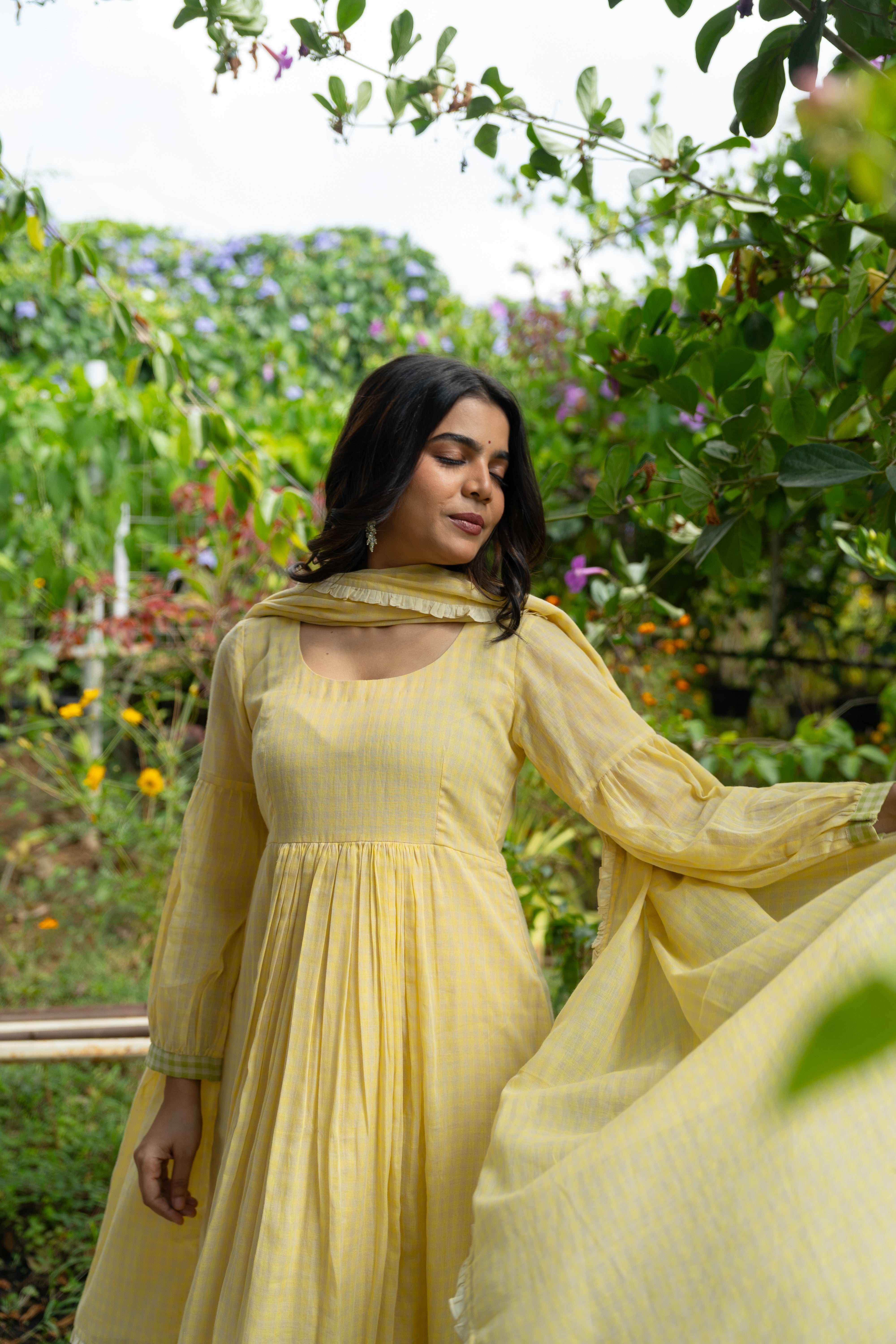 Butter yellow checked Anarkali set