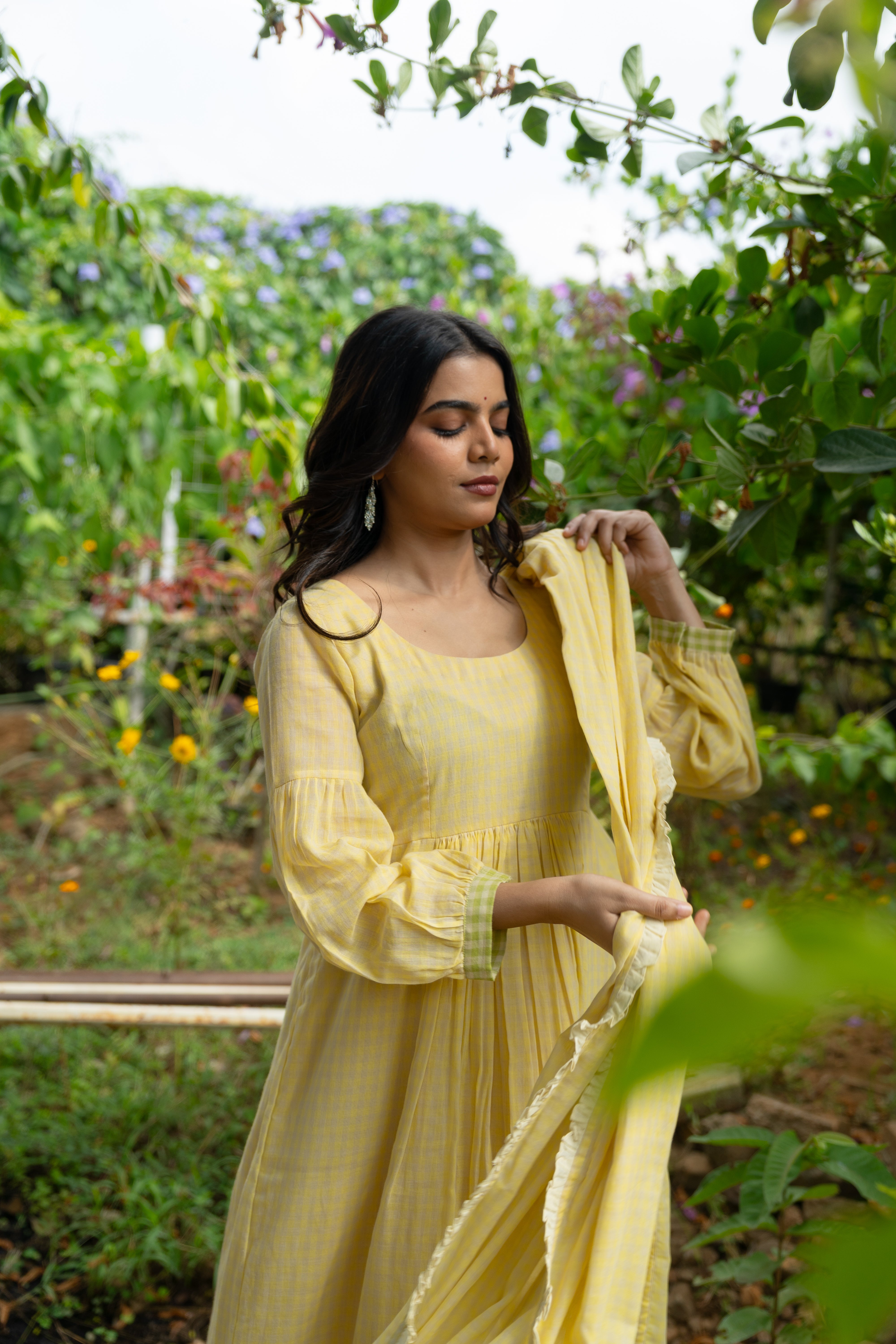 Butter yellow checked Anarkali set