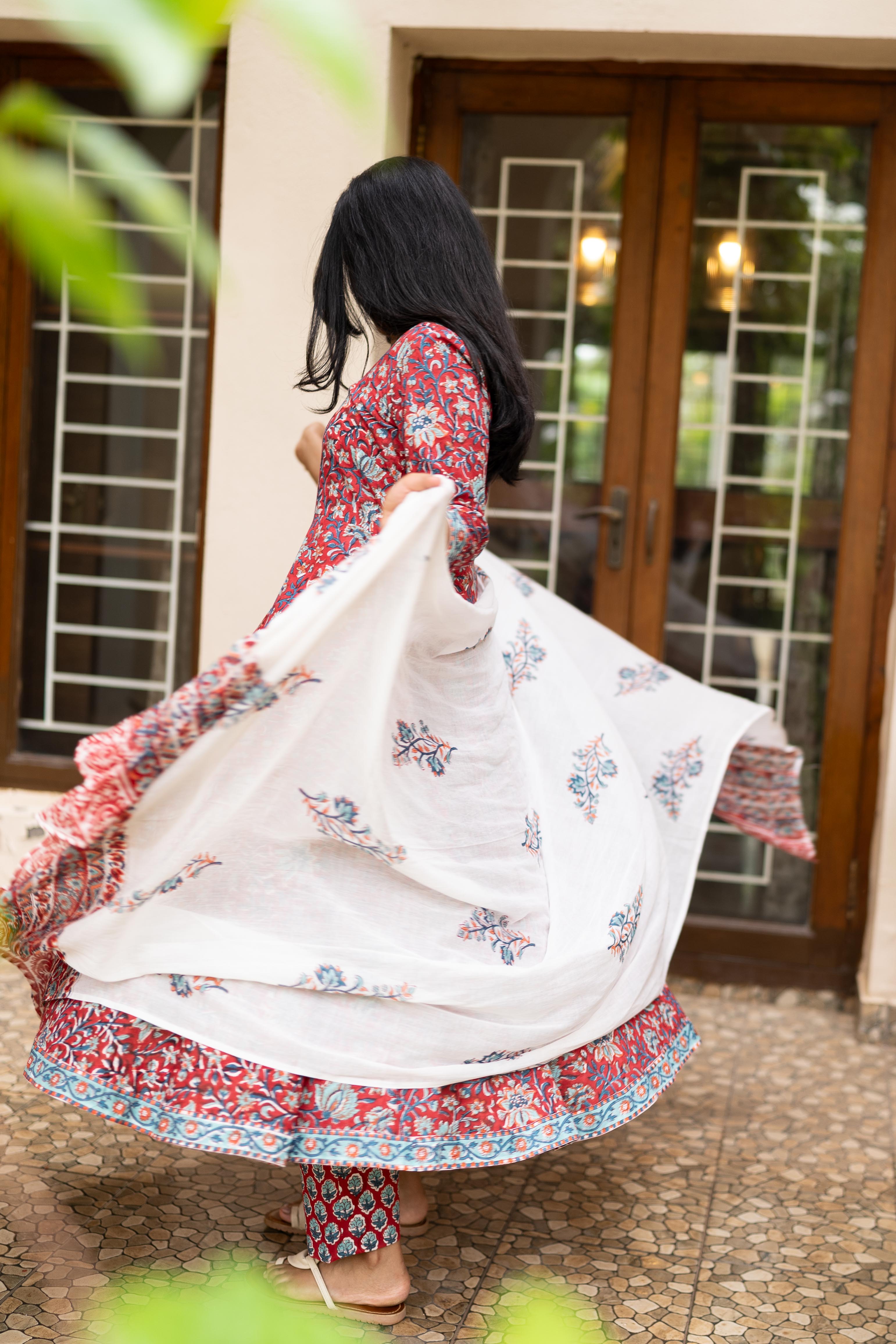 Deep red handblock printed anarkali set
