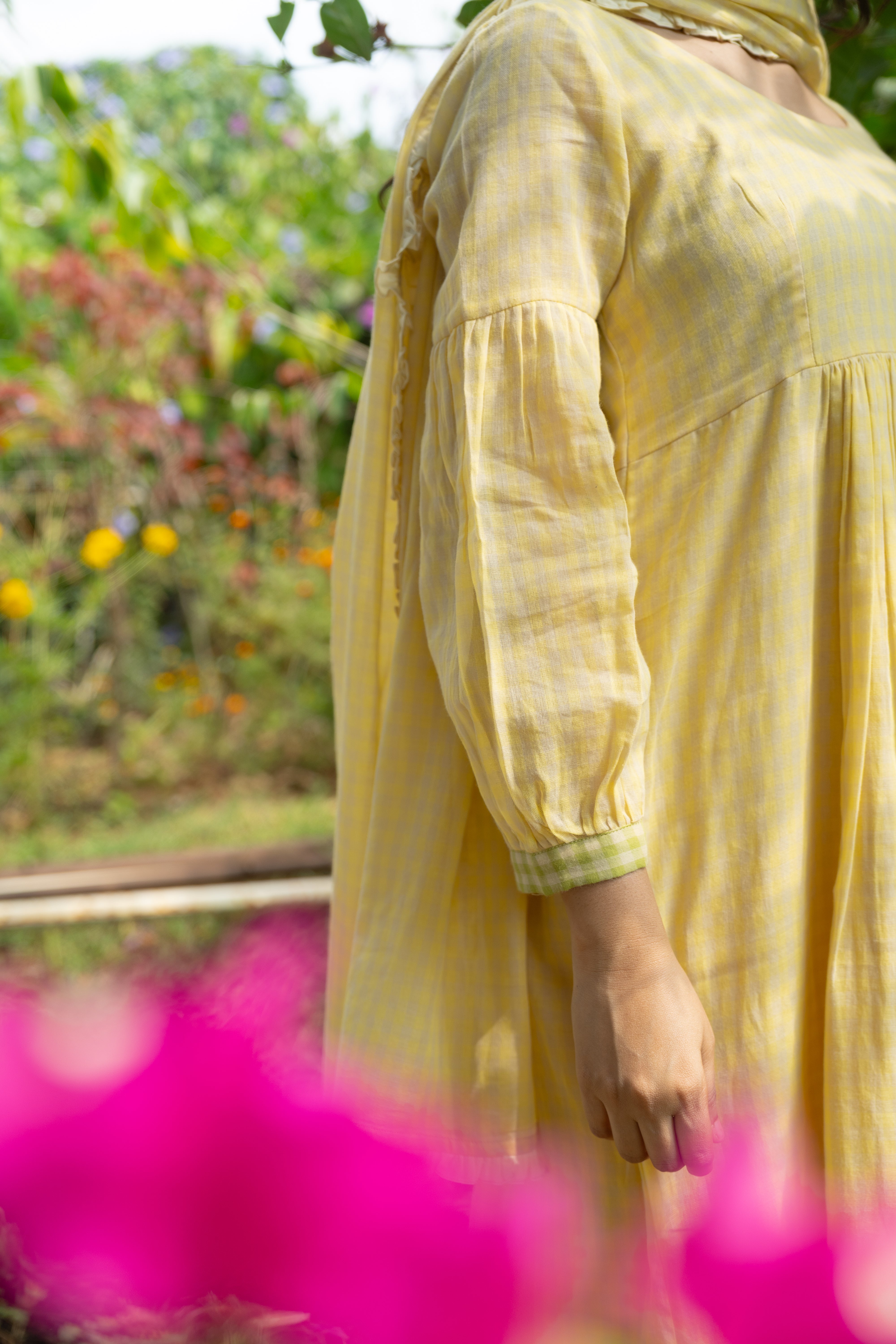 Butter yellow checked Anarkali set