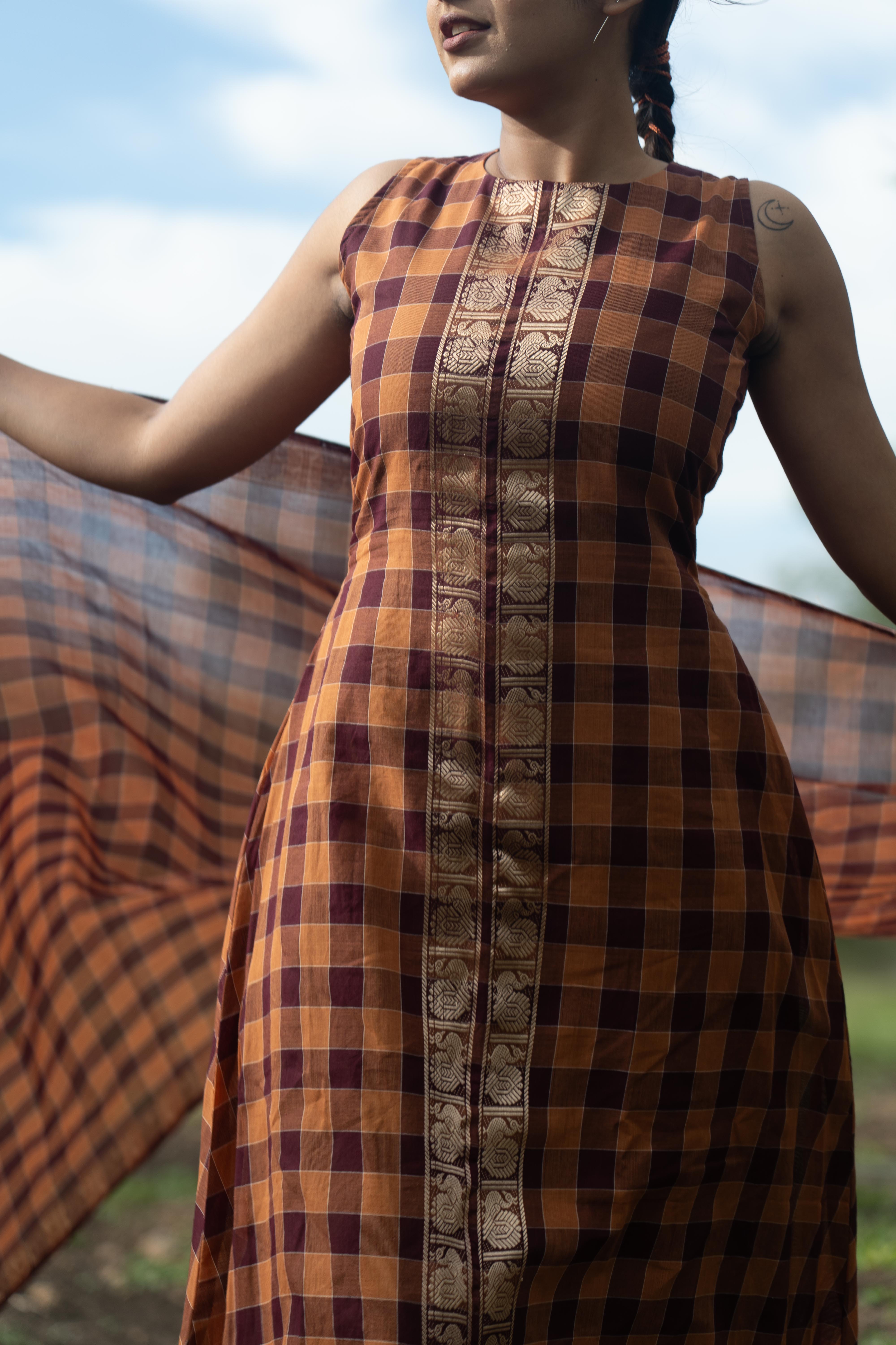 Brown with wine Madras Checks Top & Dupatta