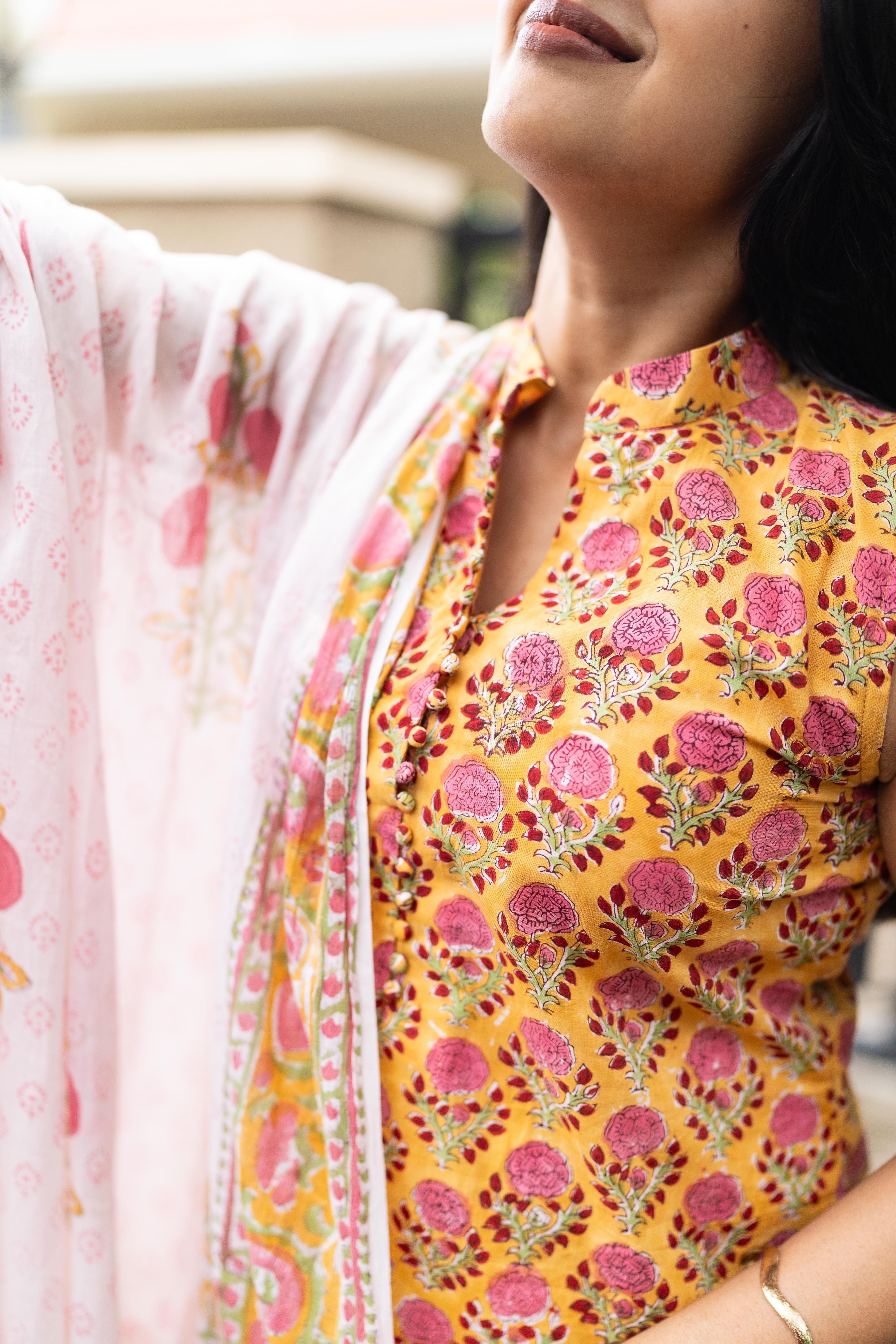 Yellow handblock printed suit set