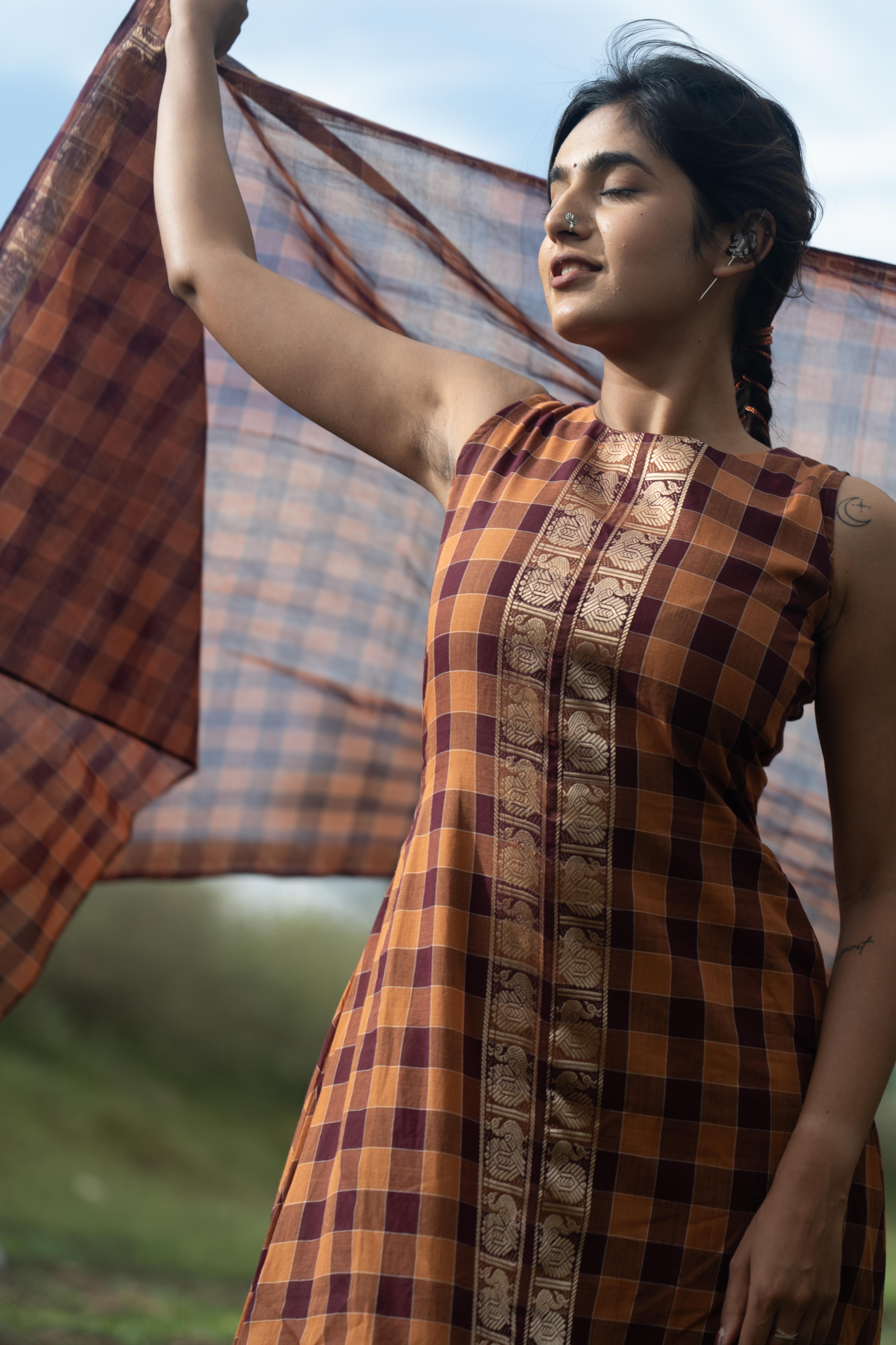 Brown with wine Madras Checks Top & Dupatta