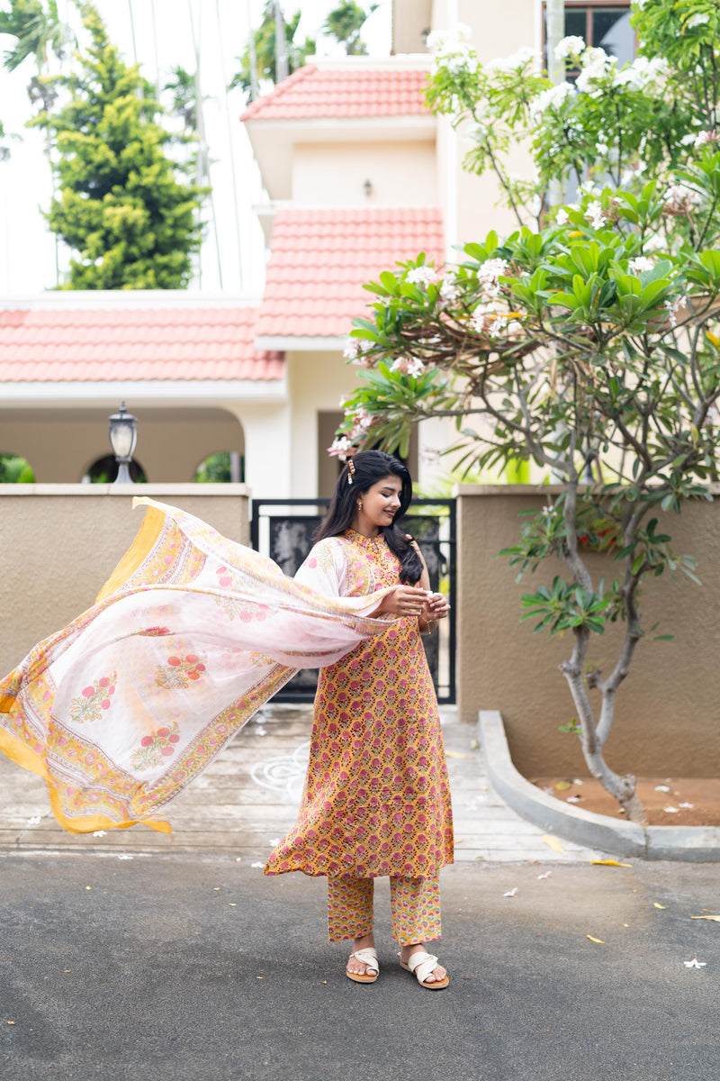 Yellow handblock printed suit set